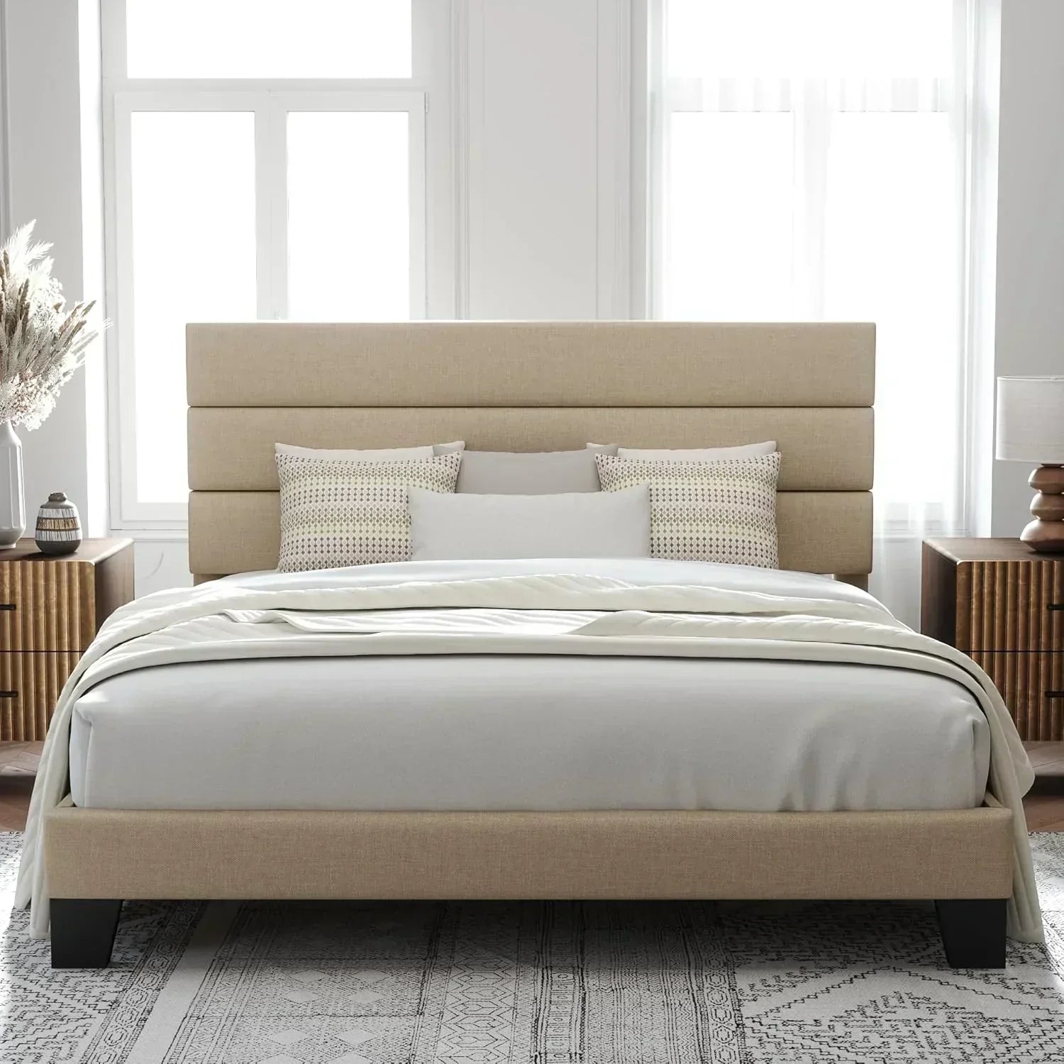 Allewie Queen Size Platform Bed Frame with Fabric Upholstered Headboard Wooden Slats Support wourant