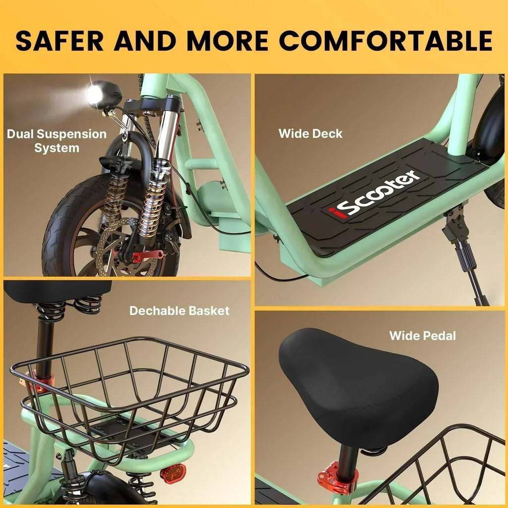 iScooter electric scooter with seat 28/19/15.6 mph top speed dual suspension scooter wourant