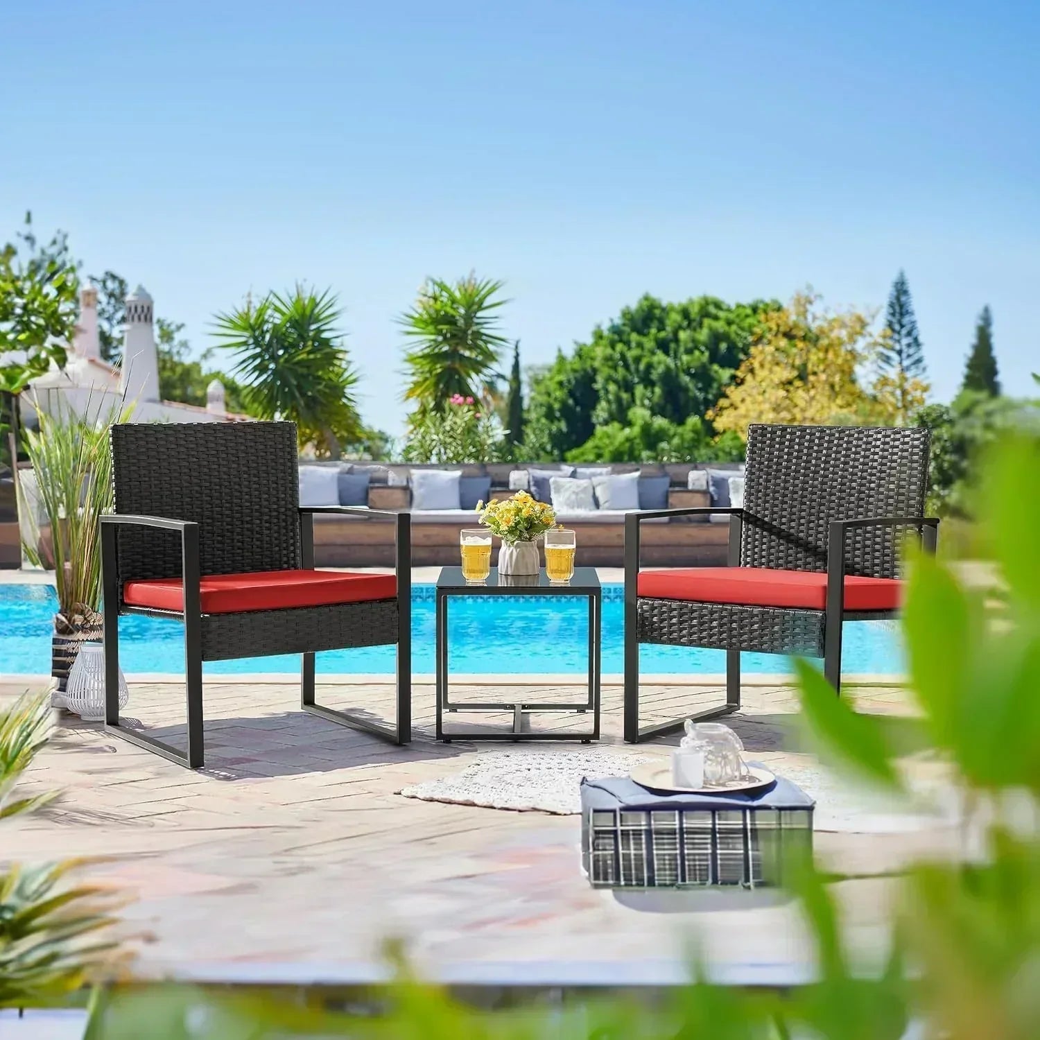 Flamaker 3 Pieces Patio Set Outdoor Wicker Furniture Sets Modern Rattan Chair Conversation Sets wourant