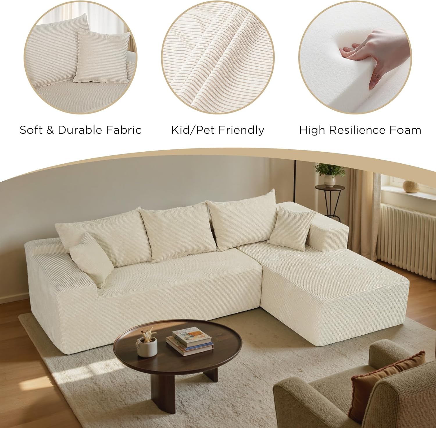 Cloud sofa with L-shaped lounge chair modern modular sofa with deep seats wourant