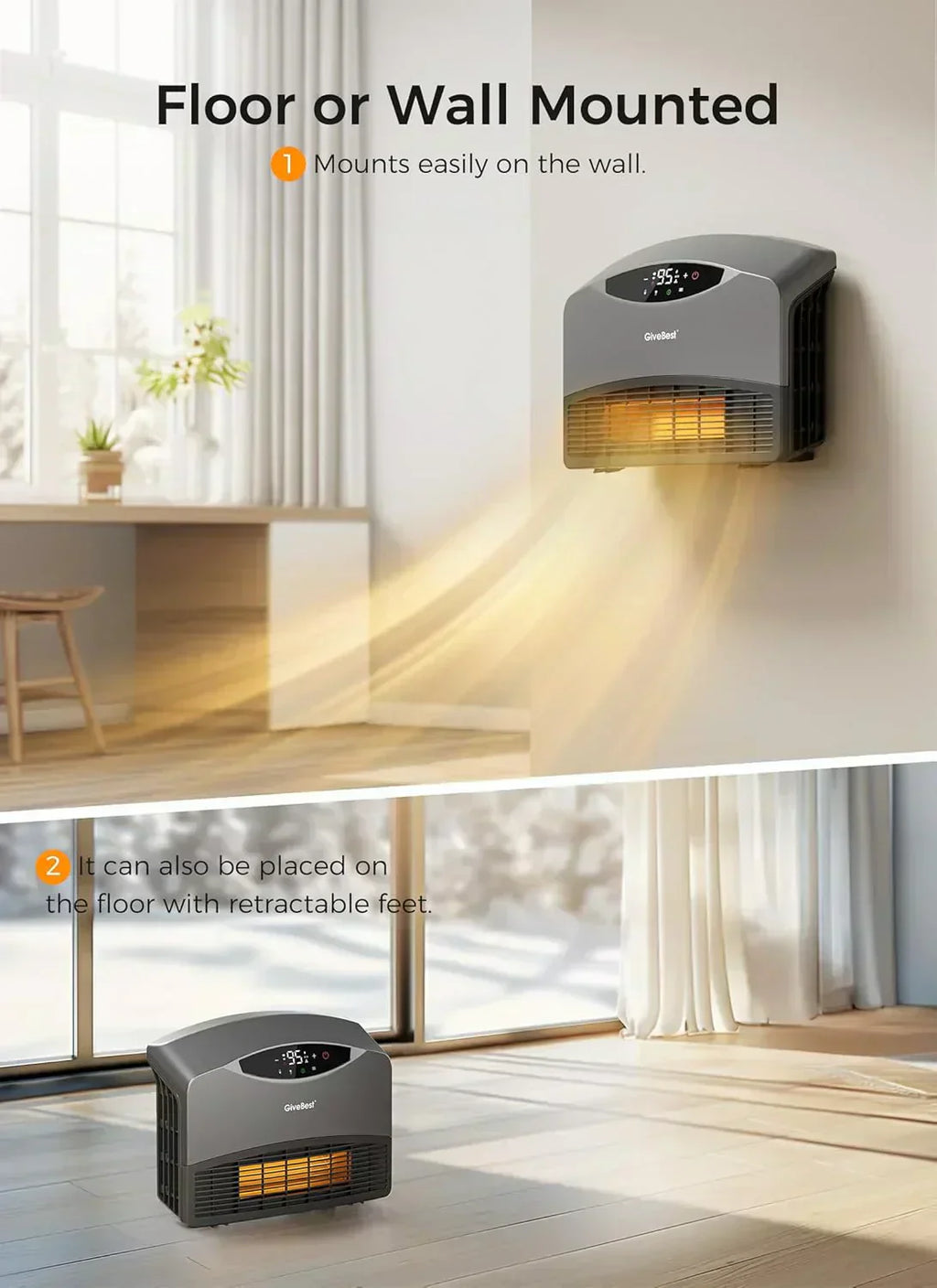Wall mounted electric heater with WiFi and remote control floor standing heater 1500W wourant