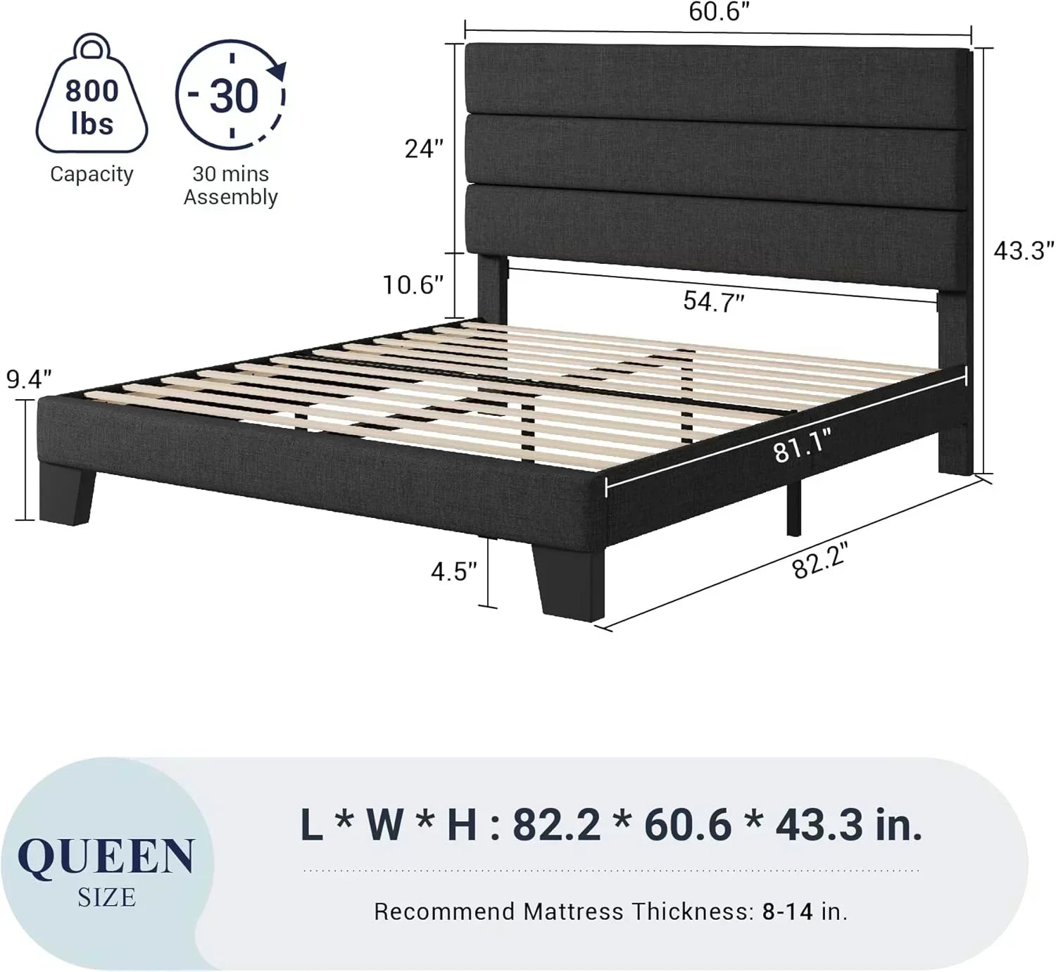 Allewie Queen Size Platform Bed Frame with Fabric Upholstered Headboard Wooden Slats Support wourant