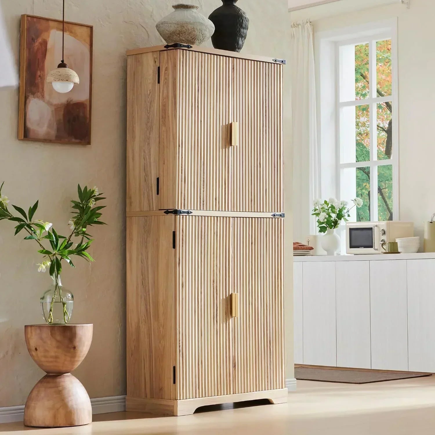 Fluted Pantry Cabinet 72" Tall Modern Storage Cabinet with 4 Doors Organizer Drawer wourant