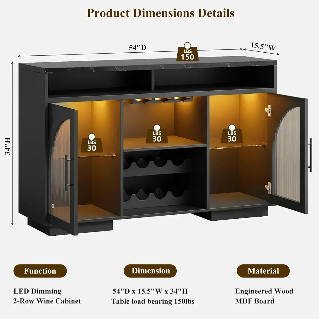 Sideboard 54-inch kitchen cabinet with LED lights and arched glass doors tall bar cabinet wourant