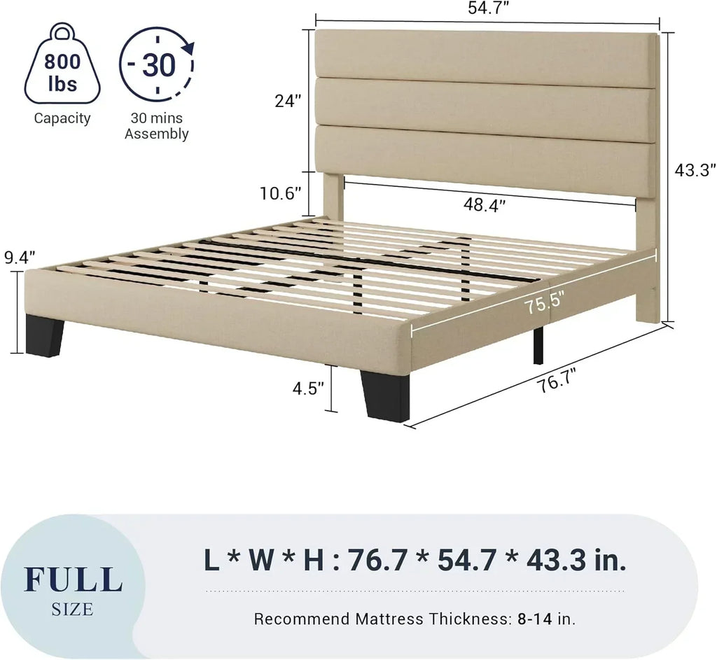 Allewie King size platform bed frame with velvet upholstered headboard and planks wourant