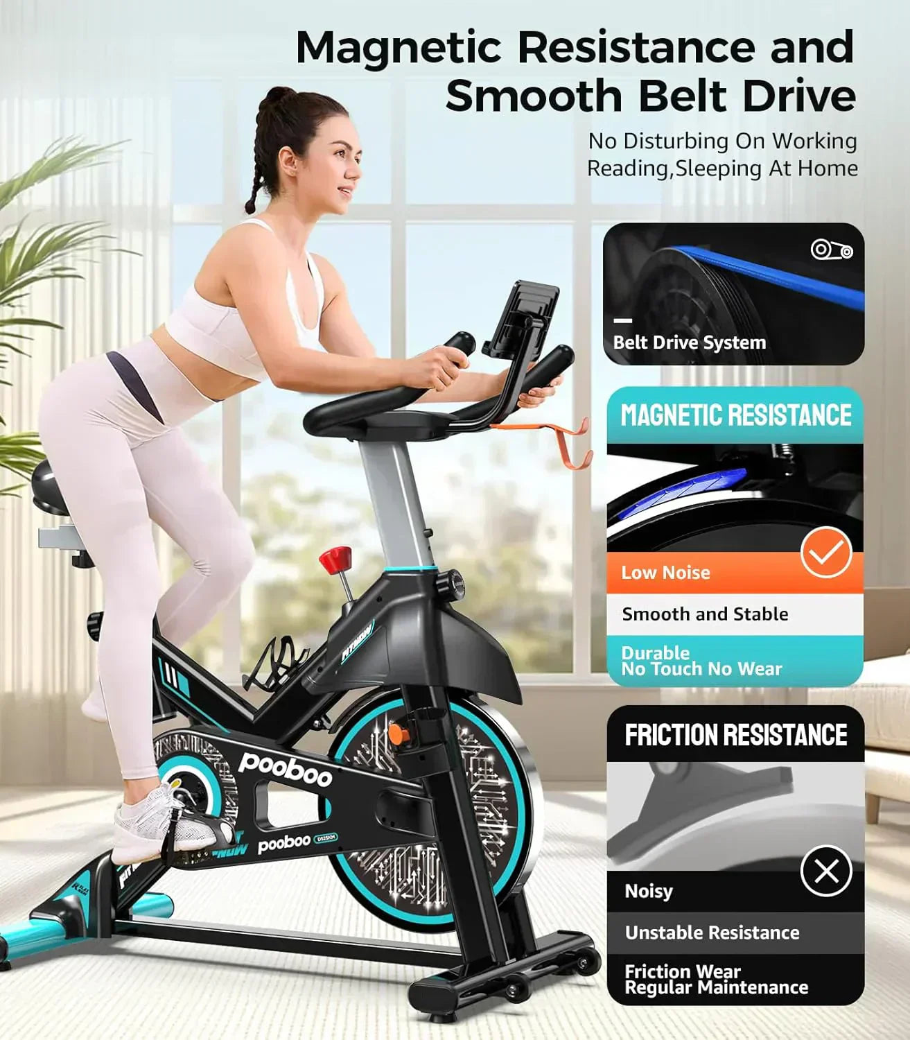 pooboo Exercise Bike Adjustable Magnetic/Brake Pad Resistance Silent Belt Drive Cycling Bike wourant