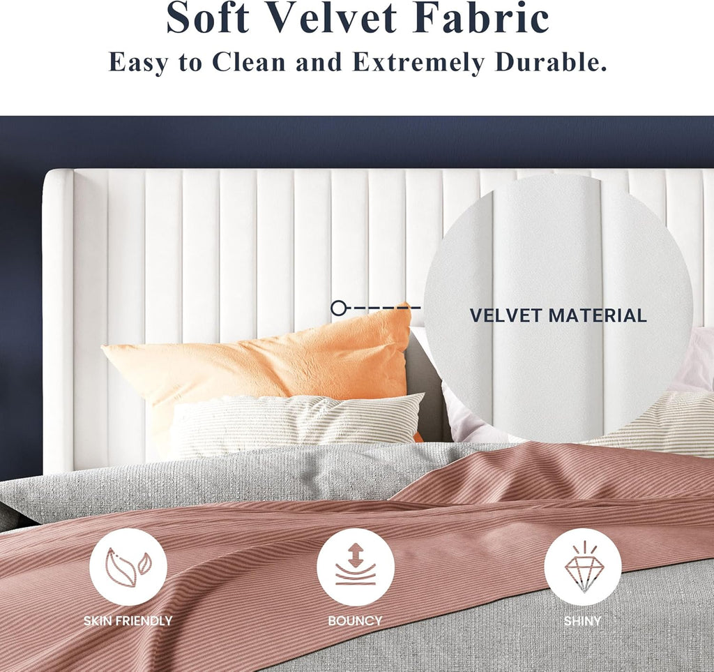 Allewie Full Size Velvet Bed Frame Vertical Channel Tufted Wingback Headboard Upholstered Bed wourant