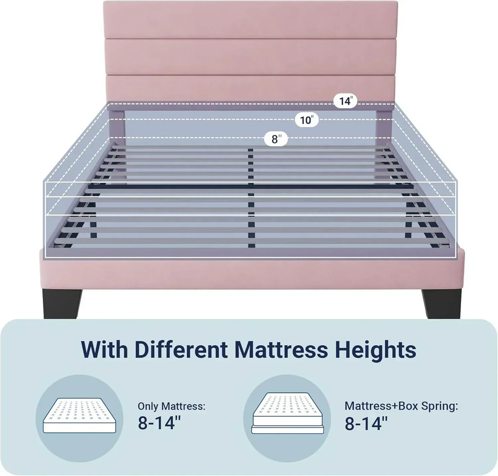 Allewie King size platform bed frame with velvet upholstered headboard and planks wourant