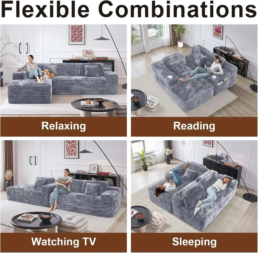 Cloud section sofa with L-shaped recliner modern modular sofa built-in cup holder wourant