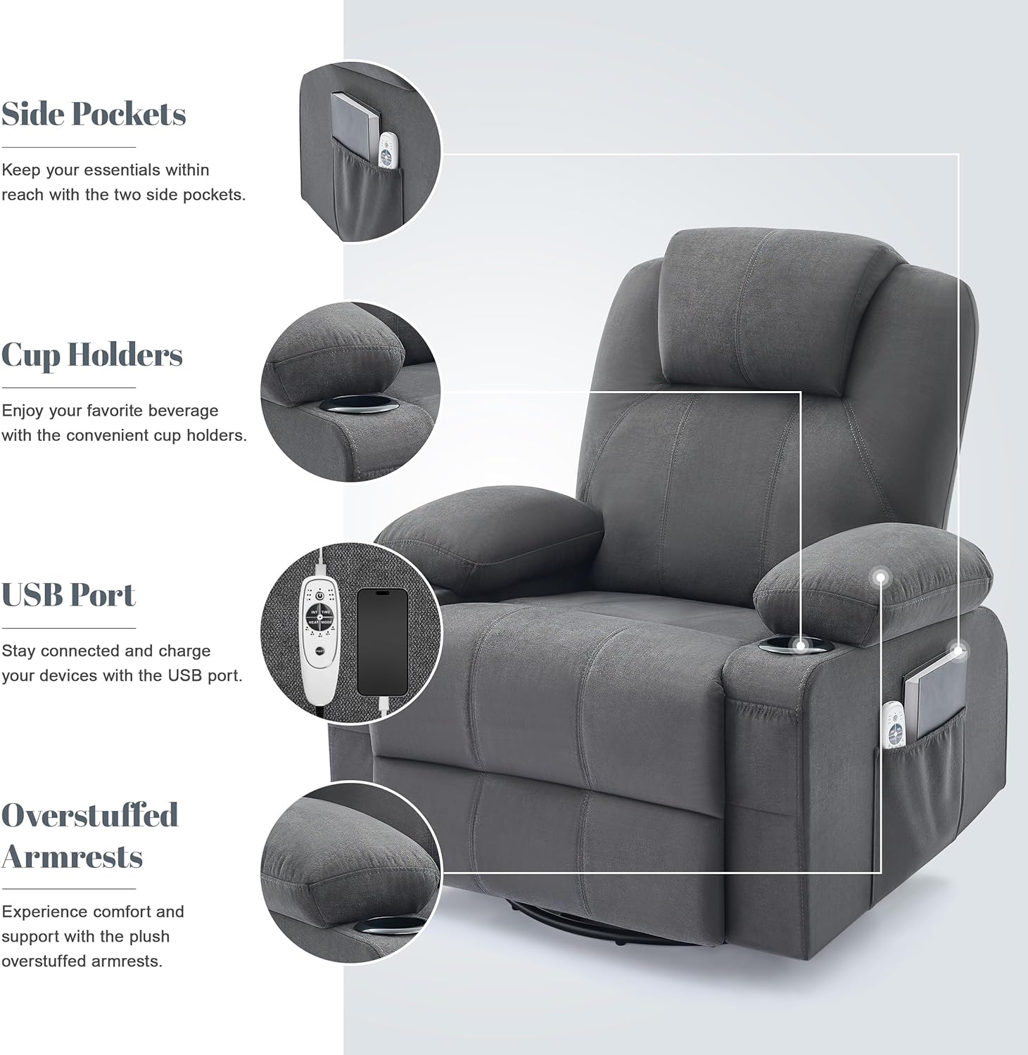 Large Swivel Rocking Recliner with Massage Function 360 Degree Swivel Rocking Single Sofa wourant