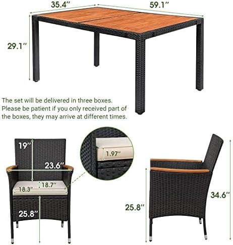 Devoko Dining 7 PCS Furniture Patio Conversation Set with Acacia Wood Table Top Rattan Outdoor wourant