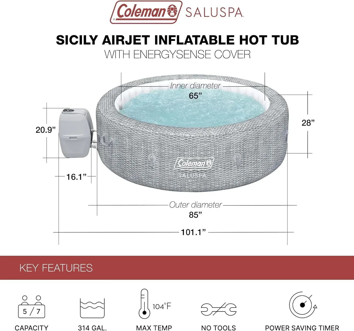 SaluSpa Sicily AirJet 7 Person Inflatable Hot Tub Round Portable Outdoor Spa 180 Soothing AirJets wourant
