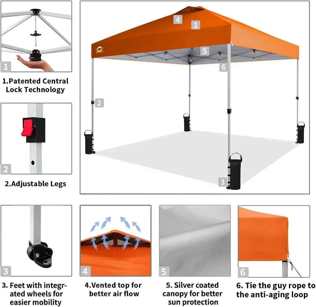 10x10 Pop-Up Awning One-Click Installation Beach Tent Outdoor Sunshade Silver Coated Top wourant