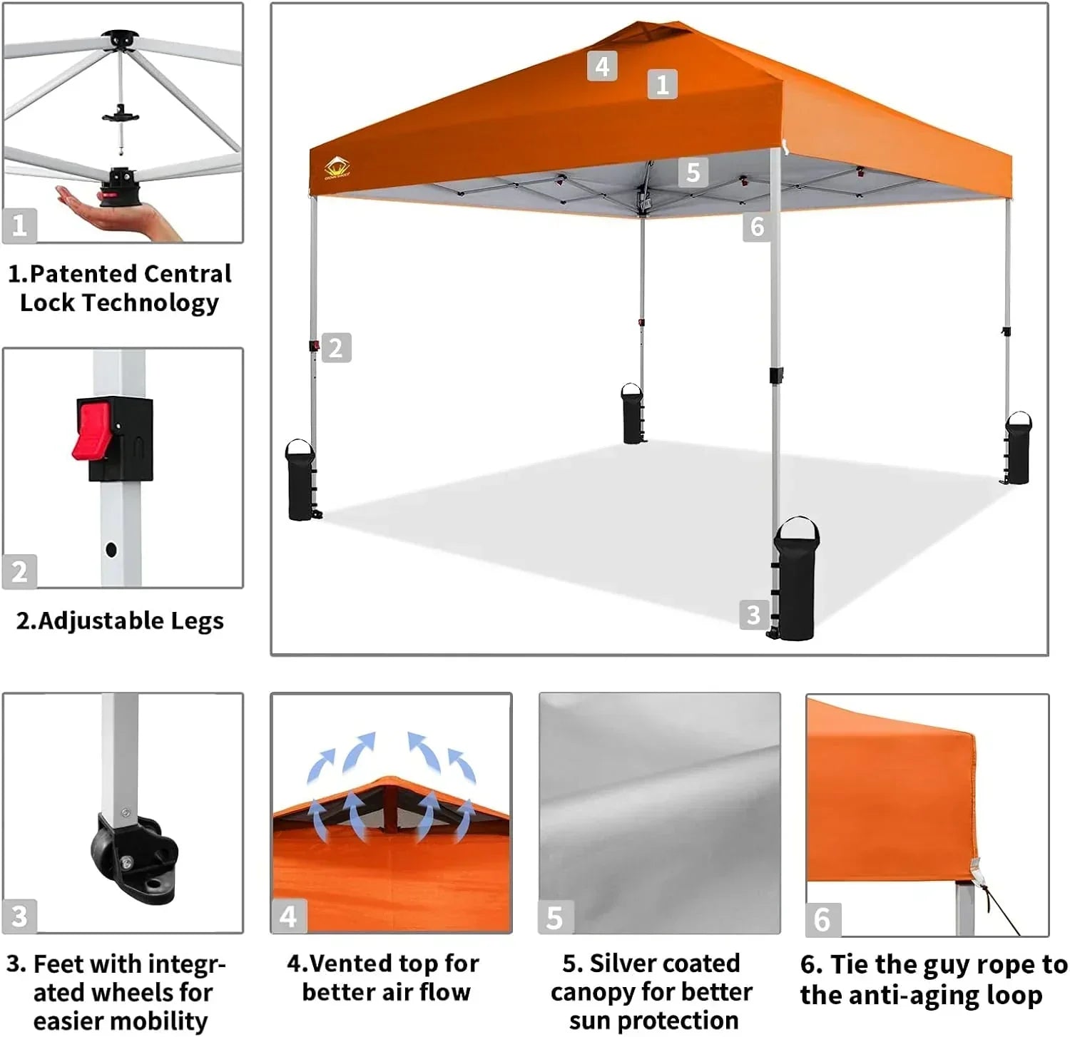 10x10 Pop-Up Awning One-Click Installation Beach Tent Outdoor Sunshade Silver Coated Top wourant