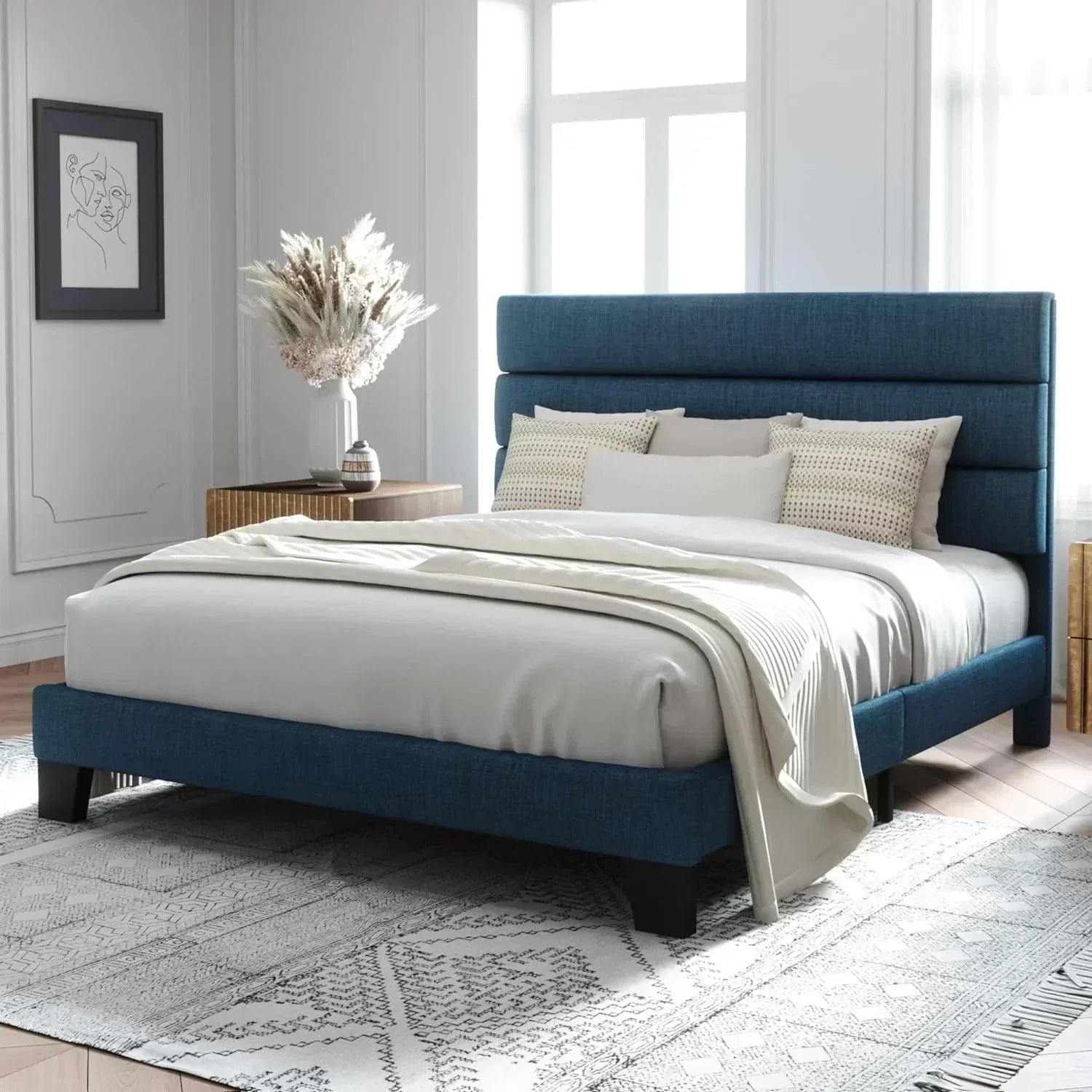 Allewie King size platform bed frame with velvet upholstered headboard and planks wourant