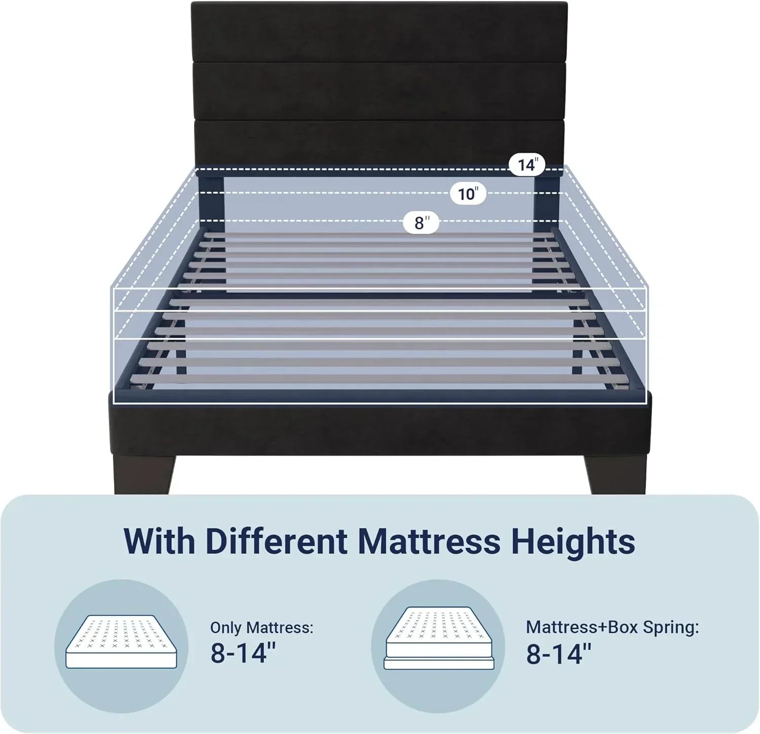 Allewie King size platform bed frame with velvet upholstered headboard and planks wourant