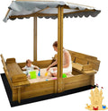 Kids Sandbox with Lid Wooden Sand Box Cover Outdoor UV-Protection Natural Wood Foldable Bench Seat wourant
