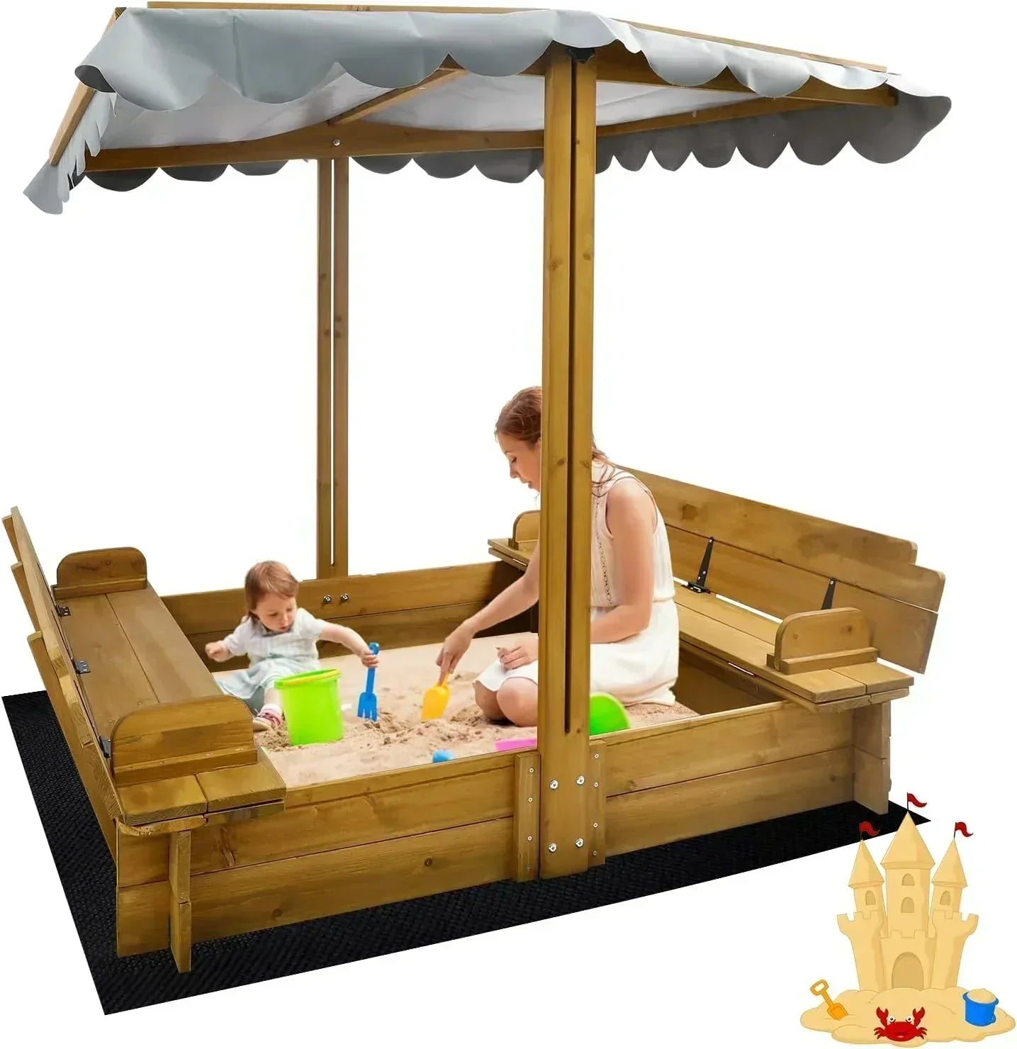 Kids Sandbox with Lid Wooden Sand Box Cover Outdoor UV-Protection Natural Wood Foldable Bench Seat wourant