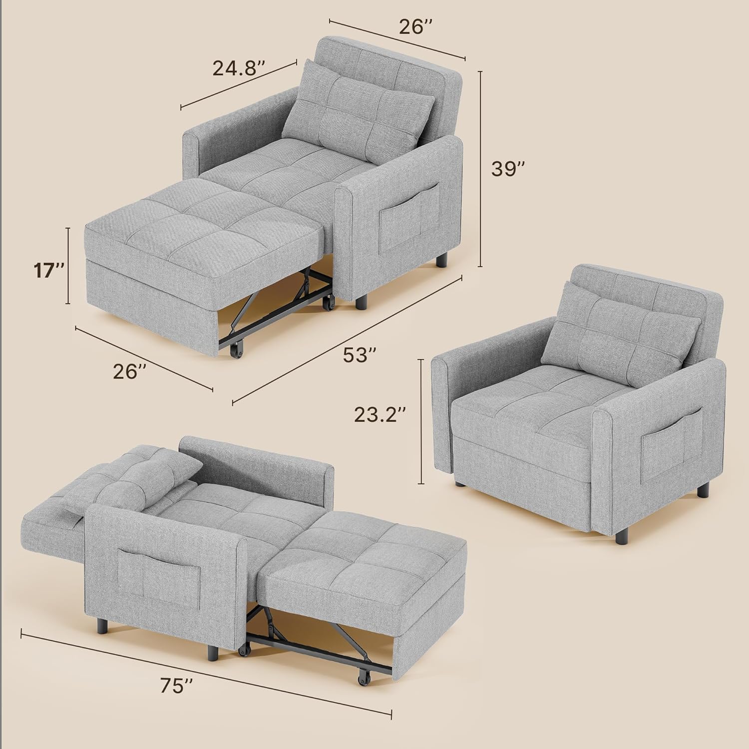 Sofa Bed Chair 3 in 1 Convertible Pullout Single Sleeper Chair Bed Spacious Multifunctional Sofa wourant