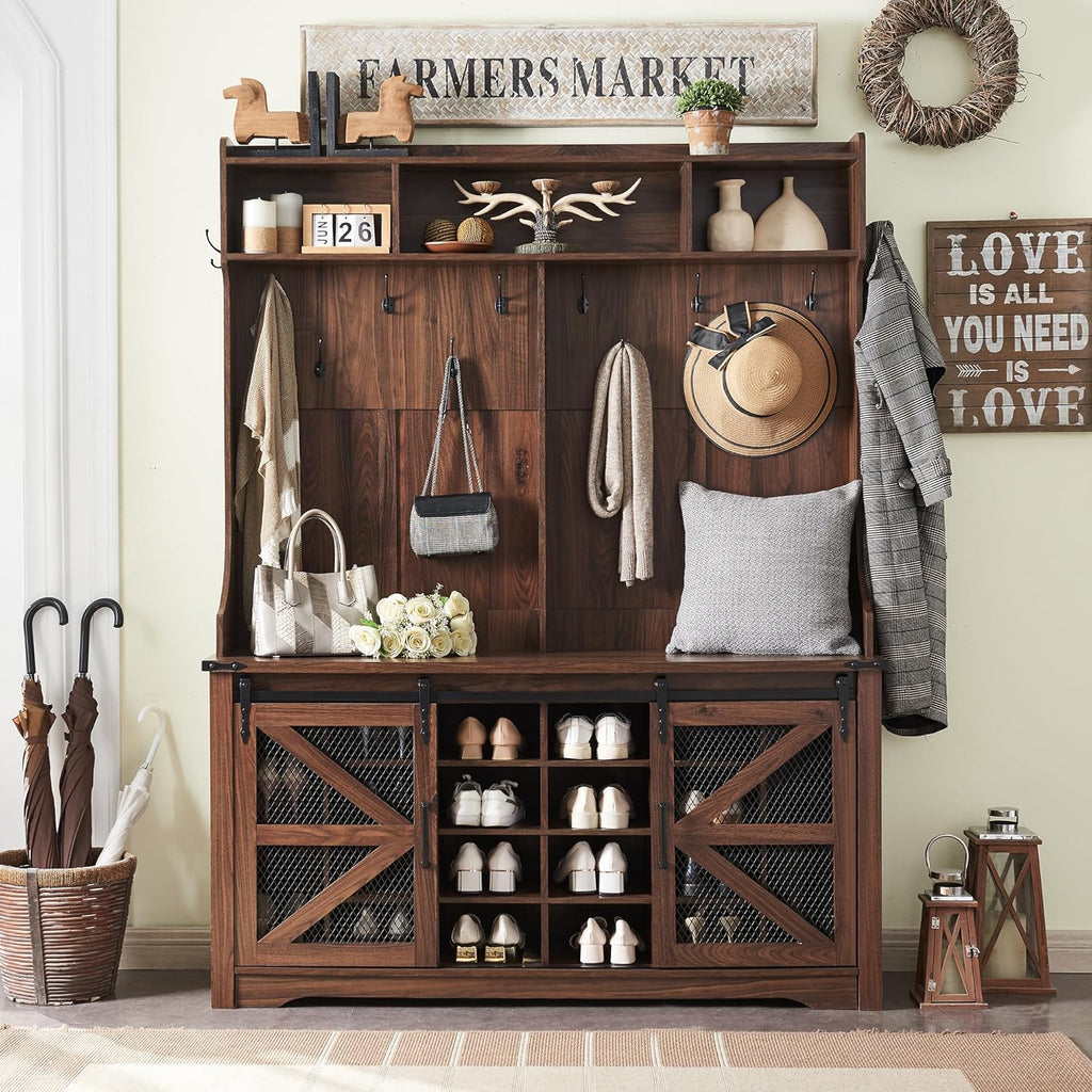 JXQTLINGMU 59-inch Farmhouse Foyer Tree Shoe Storage Entryway Bench Foyer Coat Rack Cabinet wourant