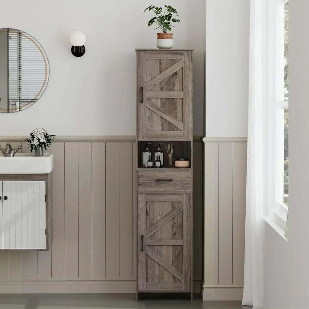 Homhedy 67" H Tall Bathroom Storage Cabinet with 2 Barn Doors and 1 Drawer Narrow Storage Unit wourant