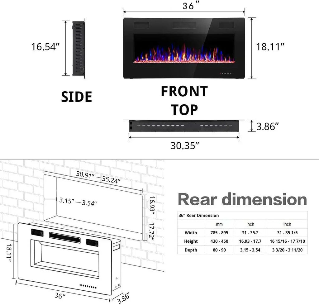R.W.FLAME 60" Recessed and Wall Mounted Electric Fireplace Low Noise Fit for 2 x 6 Stud wourant