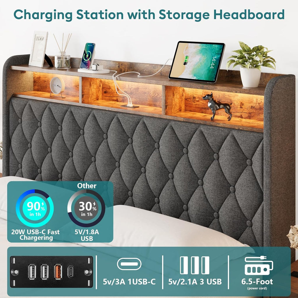 Queen Bed Frame with Storage Lift Up Queen Size Bed Frame Headboard Upholstered Platform Bed wourant