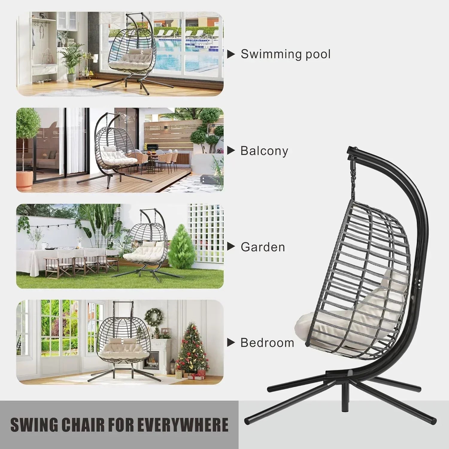 HWB Hanging Egg Chair with Stand Patio Wicker Hammock Egg Swing Chair Cushion for Bedroom wourant