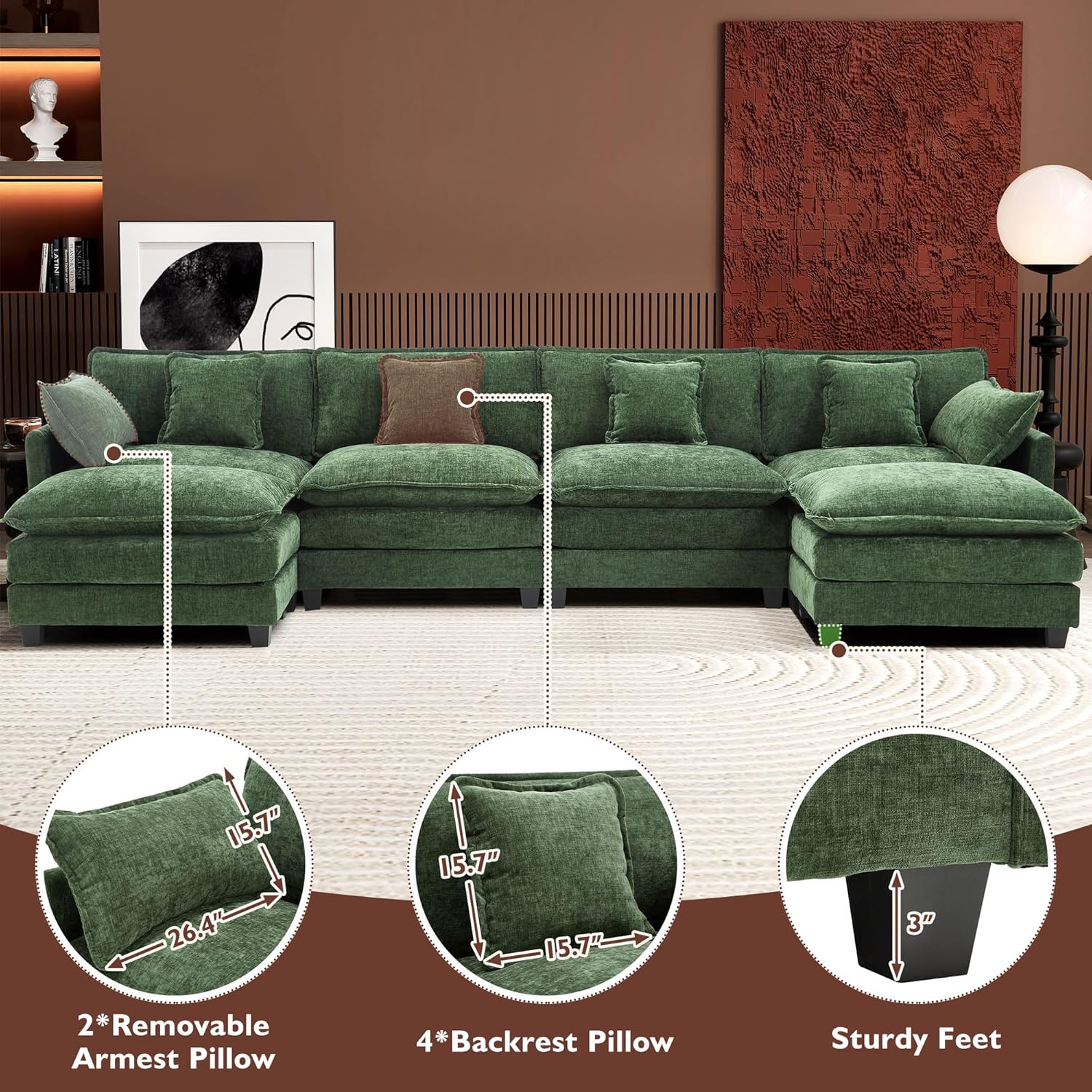 111.4 Inch L Shaped Modern Sofa Modular Cloud Sofa with Ottoman 4 Seater Chenille Deep Seat Sofa wourant