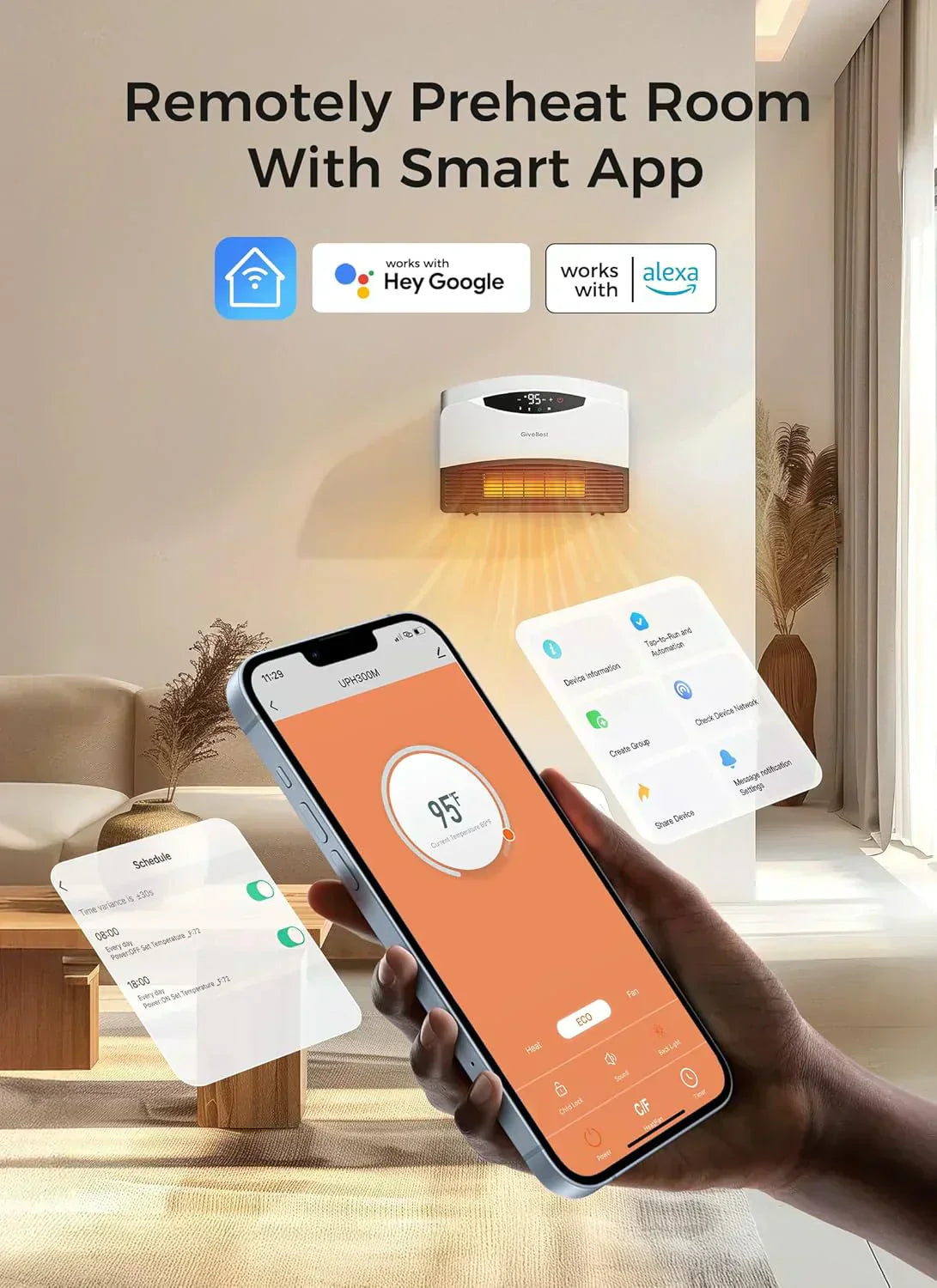 Wall mounted electric heater with WiFi and remote control floor standing heater 1500W wourant
