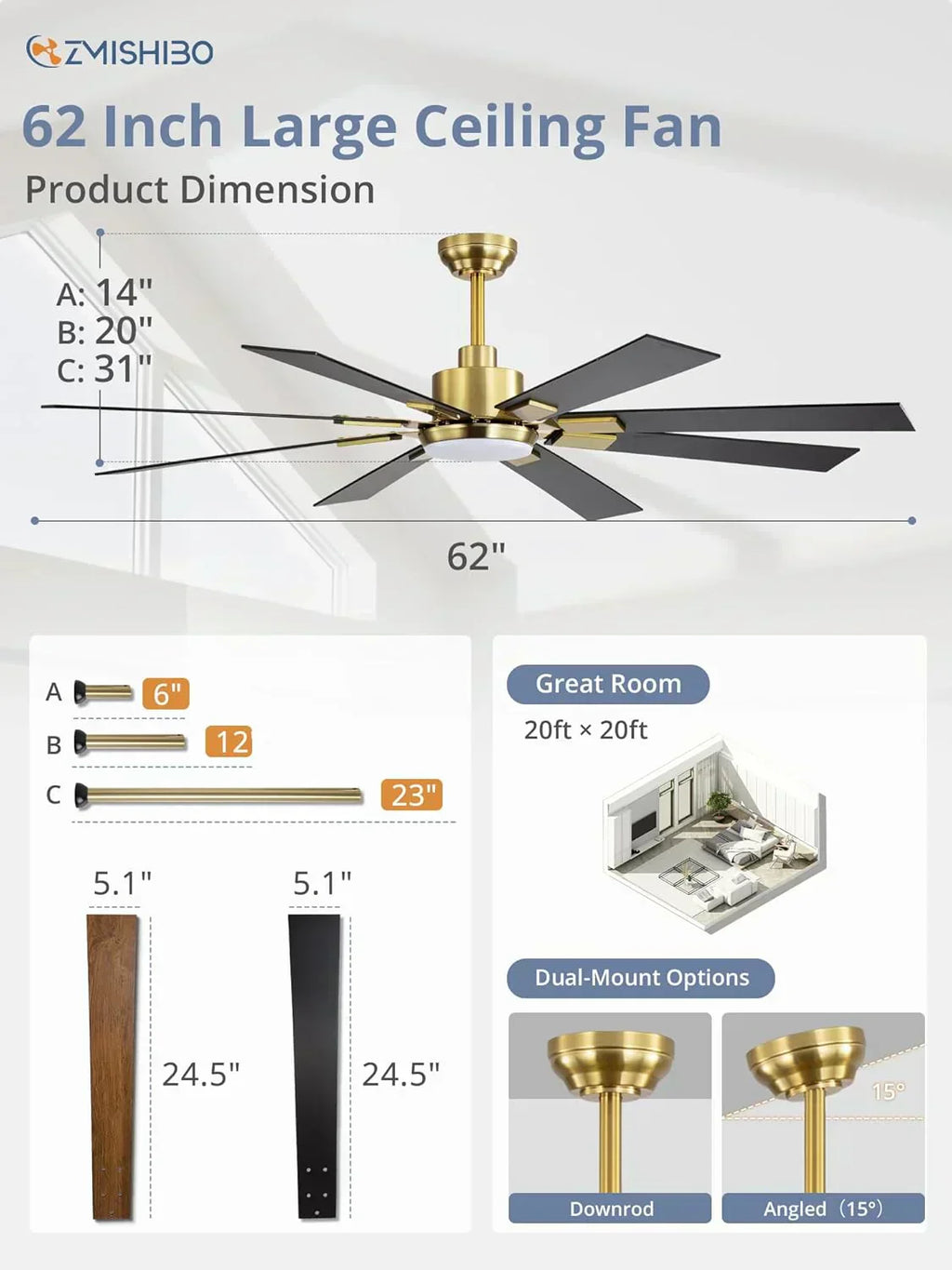 Zmishibo 72-inch large ceiling fan with lighting and remote indoor/outdoor wourant