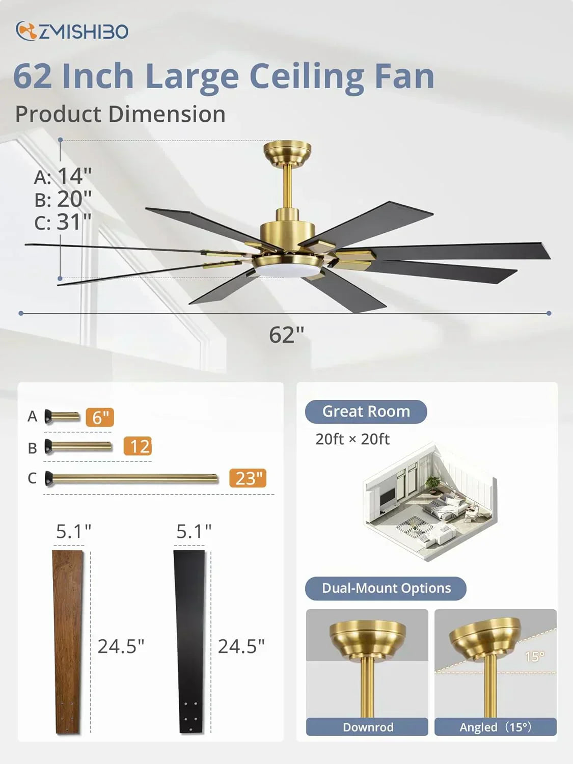 Zmishibo 72-inch large ceiling fan with lighting and remote indoor/outdoor wourant