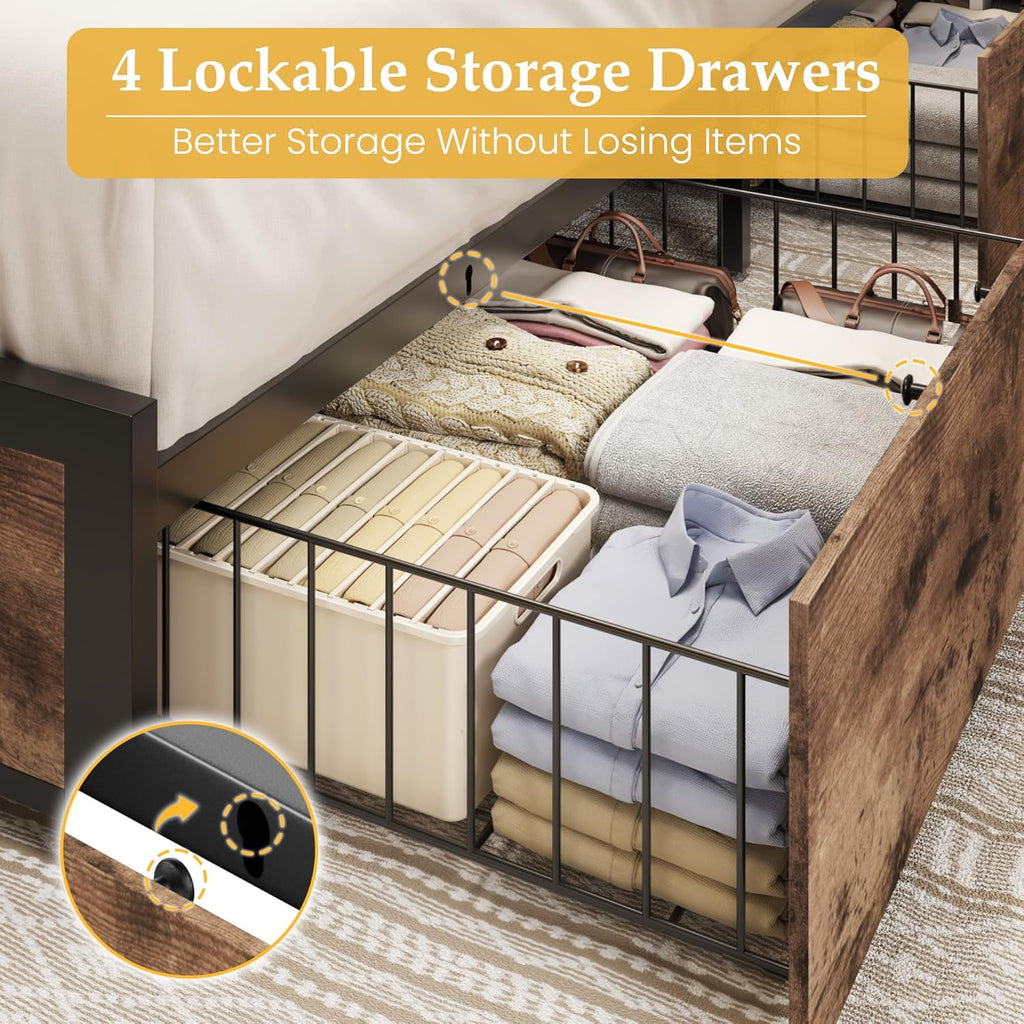 Lifezone Queen Bed Frame 2-Tier Storage Headboard Metal Platform Bed Frame 4 Storage Drawers wourant