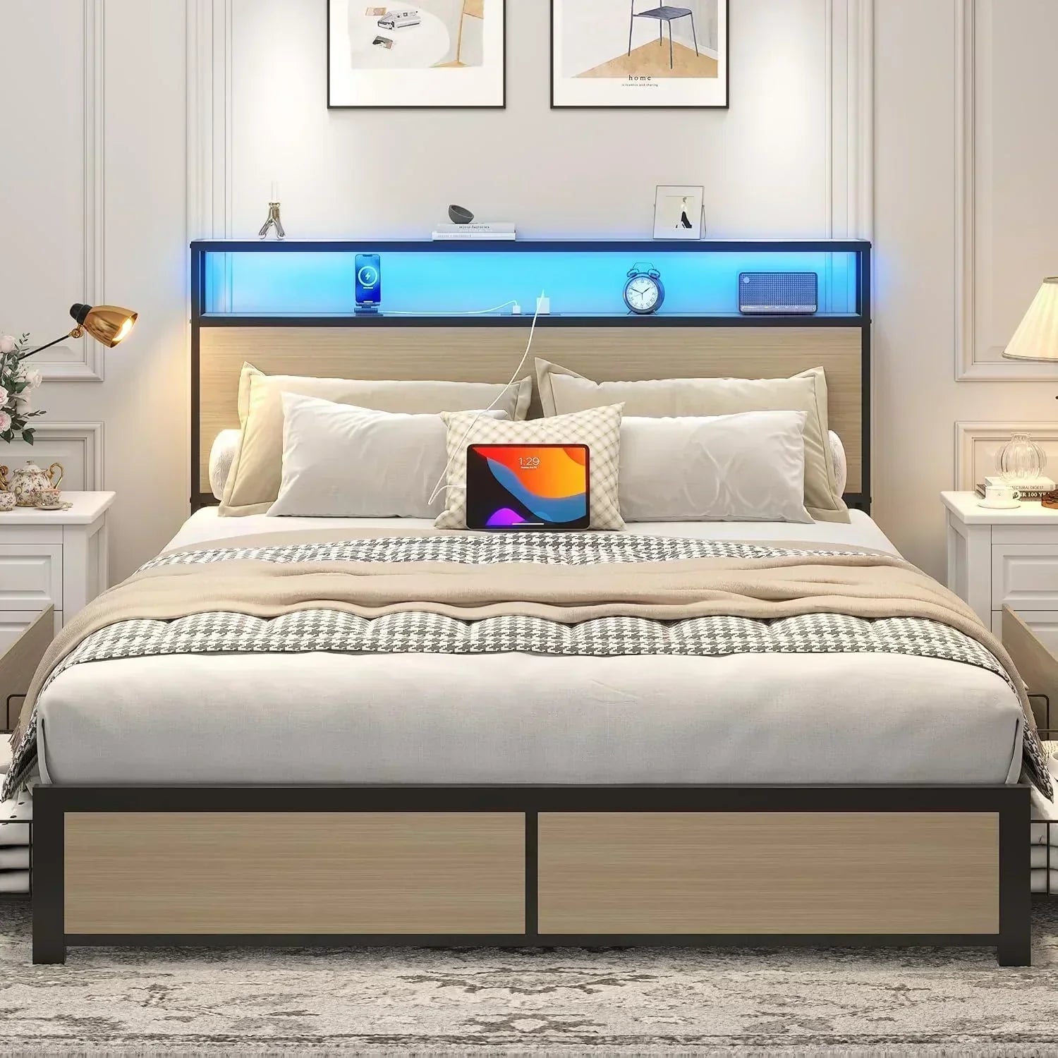 Lifezone Queen Bed Frame 2-Tier Storage Headboard Metal Platform Bed Frame 4 Storage Drawers wourant