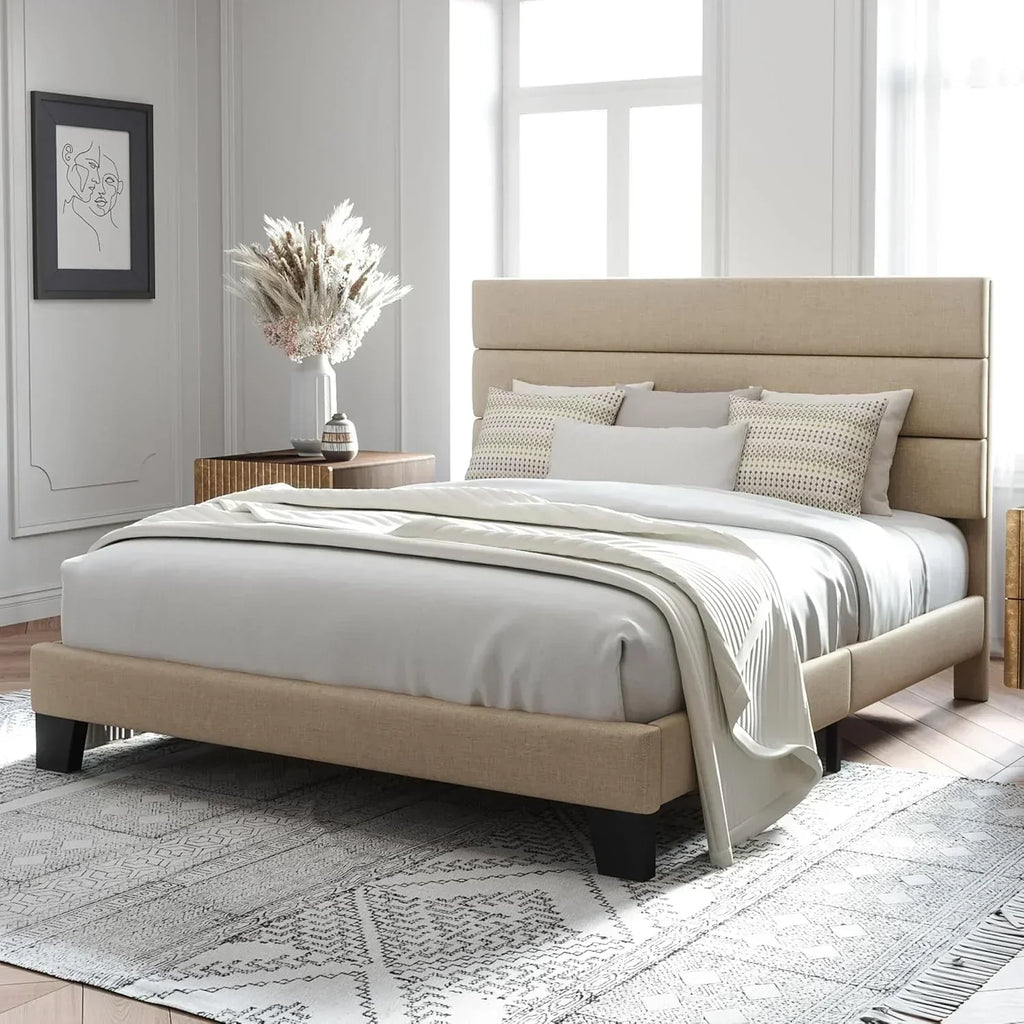 Allewie King size platform bed frame with velvet upholstered headboard and planks wourant