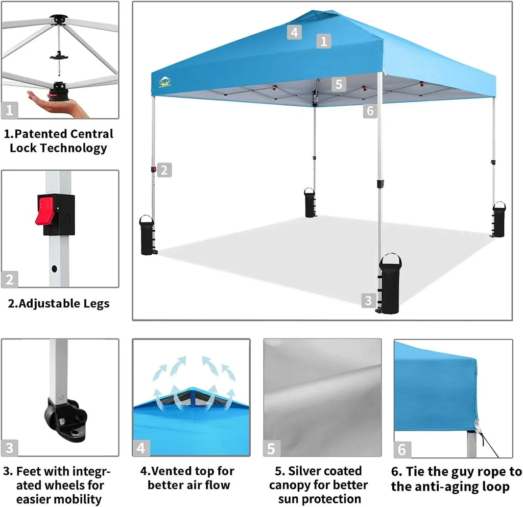 10x10 Pop-Up Awning One-Click Installation Beach Tent Outdoor Sunshade Silver Coated Top wourant