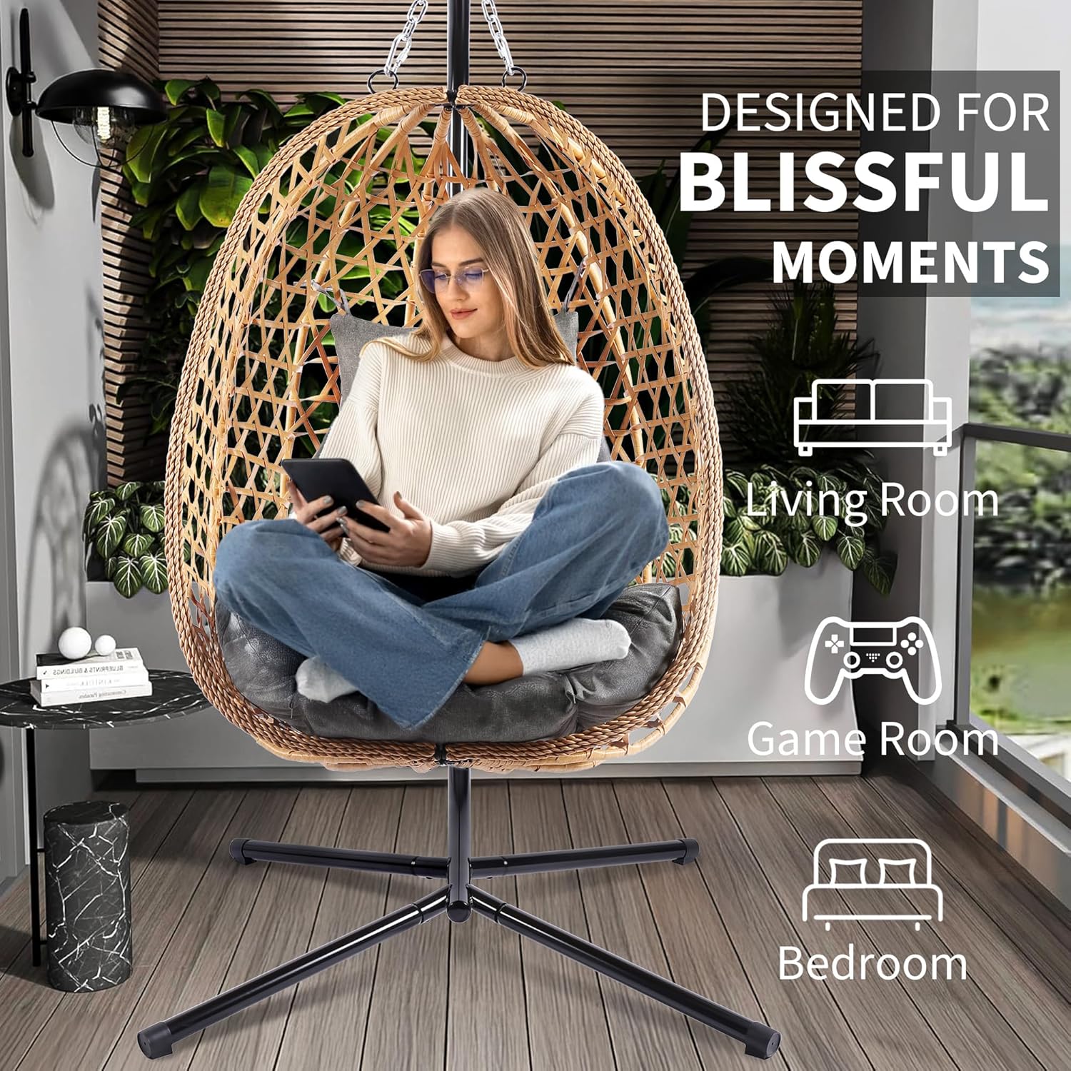 Egg Chair with Stand Patio Wicker Hanging Chair Hammock Swing Chair 350LBS Capacity for Bedroom wourant