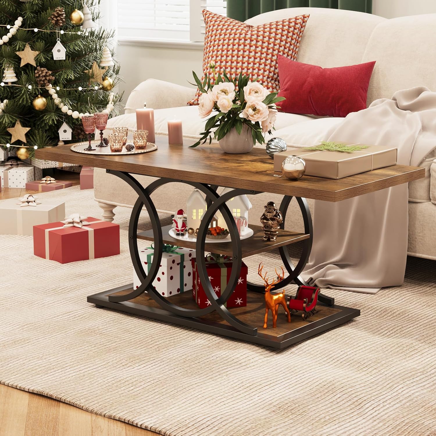 GiftGo Rustic Style Coffee Table Storage Industrial Style Three Tier Centerpiece Living Room Table wourant