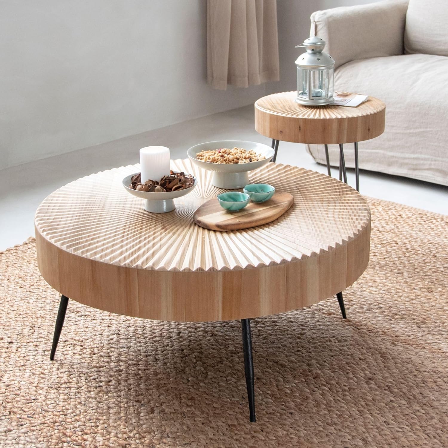Two-Piece Modern Farmhouse Living Room Coffee Table Set Round Nesting Tables wourant