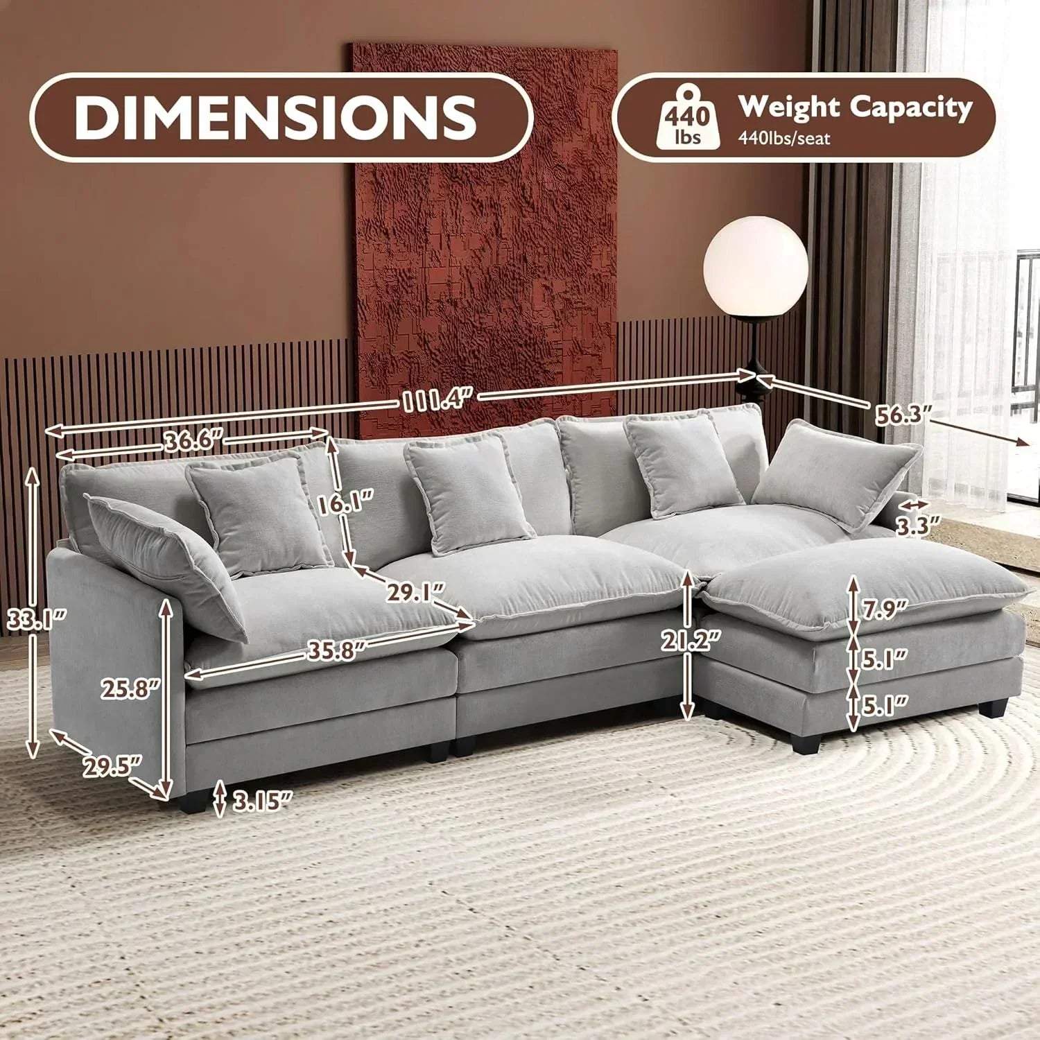 111.4 Inch L Shaped Modern Sofa Modular Cloud Sofa with Ottoman 4 Seater Chenille Deep Seat Sofa wourant