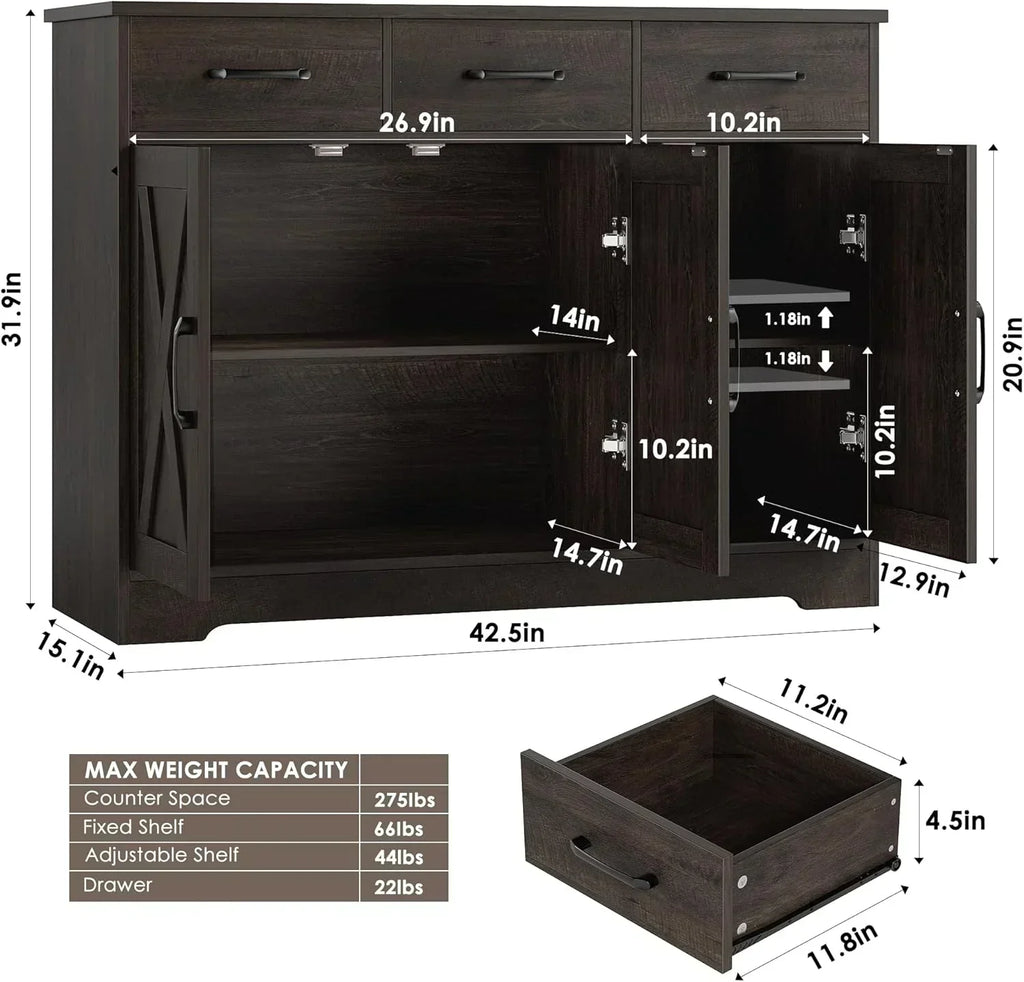 Modern farmhouse sideboard barn door buffet storage cabinet with drawers and shelves wourant