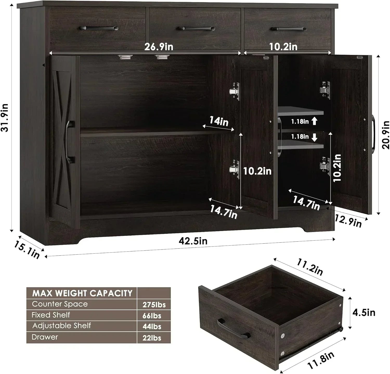 Modern farmhouse sideboard barn door buffet storage cabinet with drawers and shelves wourant