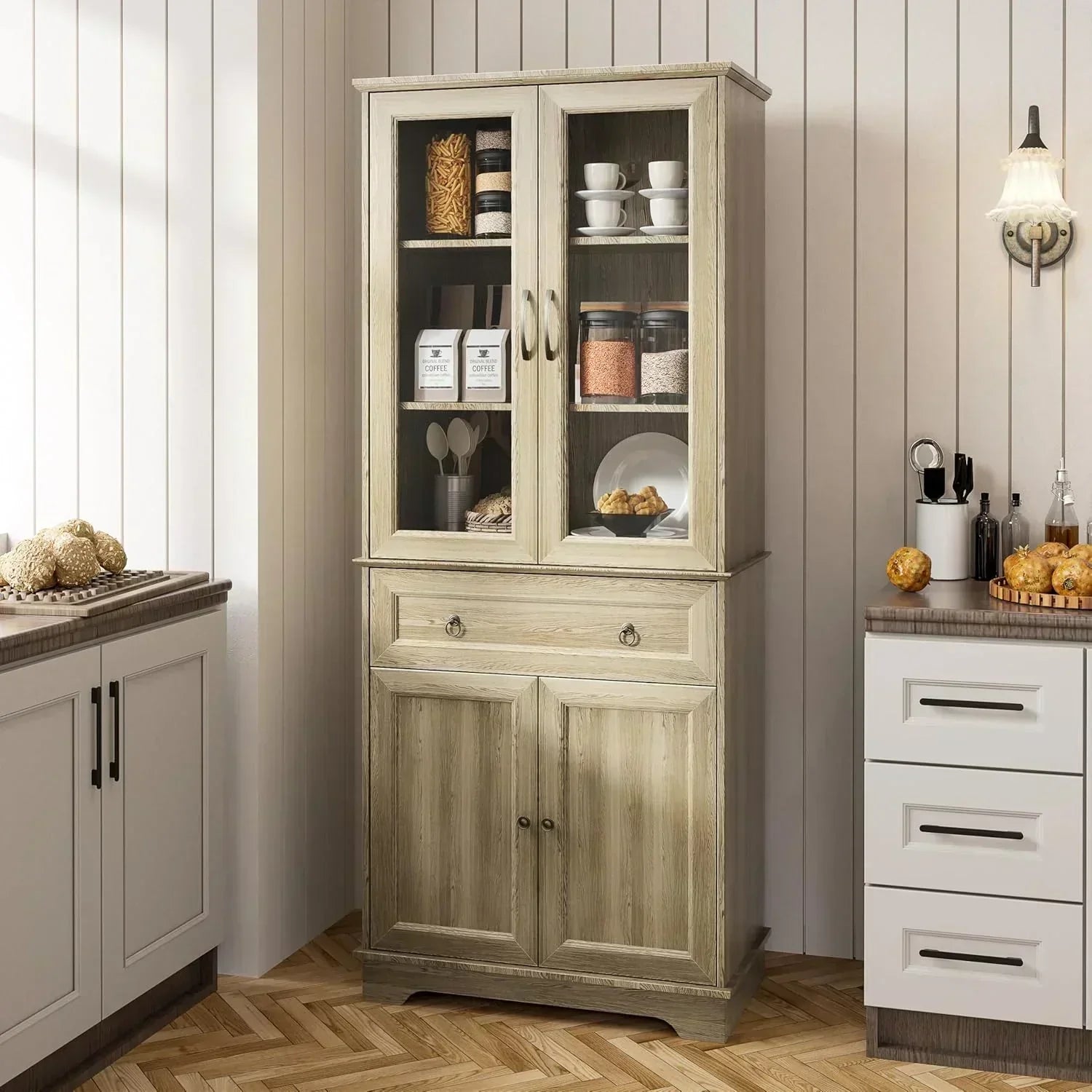 Kitchen Hutch Pantry Cabinet 71" Tall with Glass Doors wourant