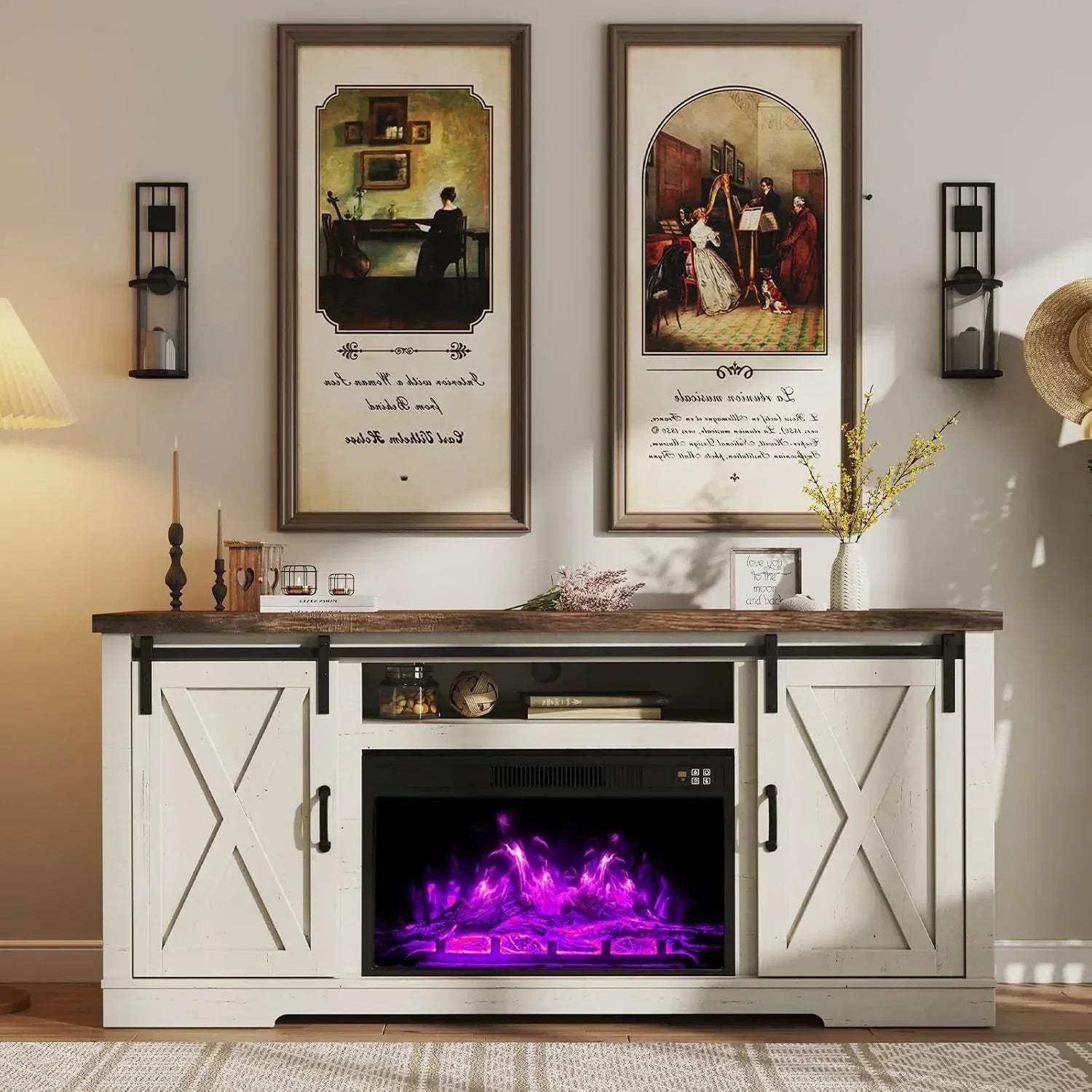 AMERLIFE Fireplace TV Stand with Sliding Barn Door  Farmhouse 63" Fireplace Entertainment Center wourant