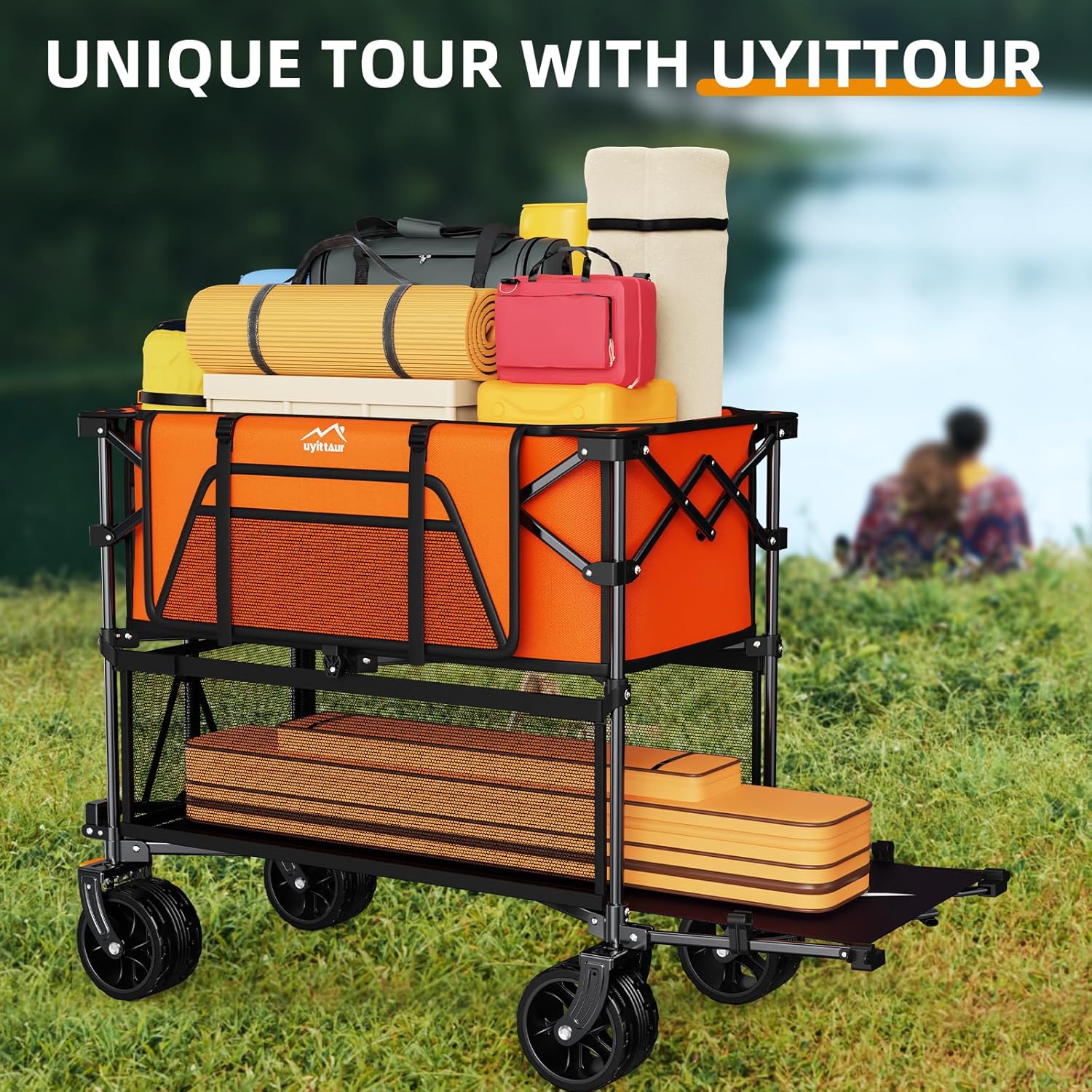 Foldable 50''L Extra Long Double Decker Wagon for Sport 400L Collapsible Heavy Duty Wagon Cart wourant