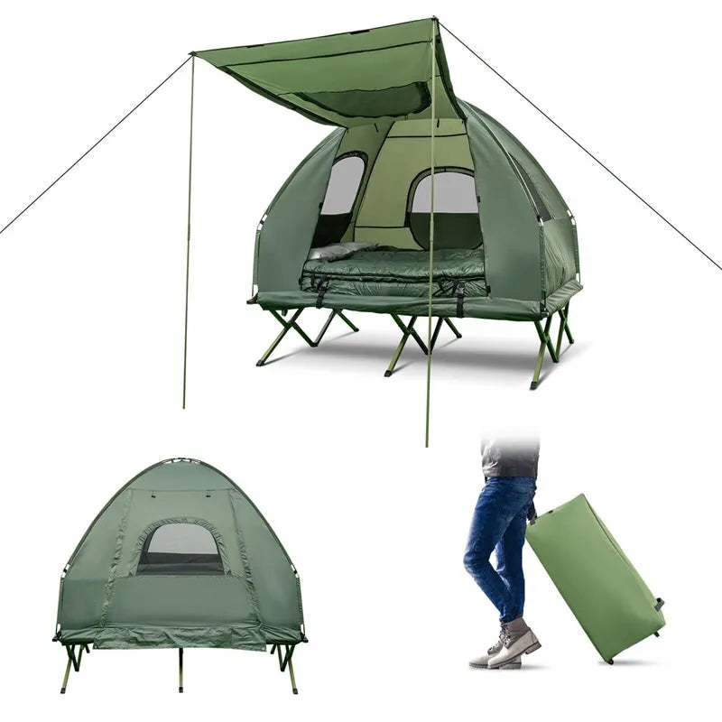 5-in-1 Tent Cot 2-Person Portable Outdoor Camping Tent Combo with Air Mattress Sleeping Bag & Sunshade wourant