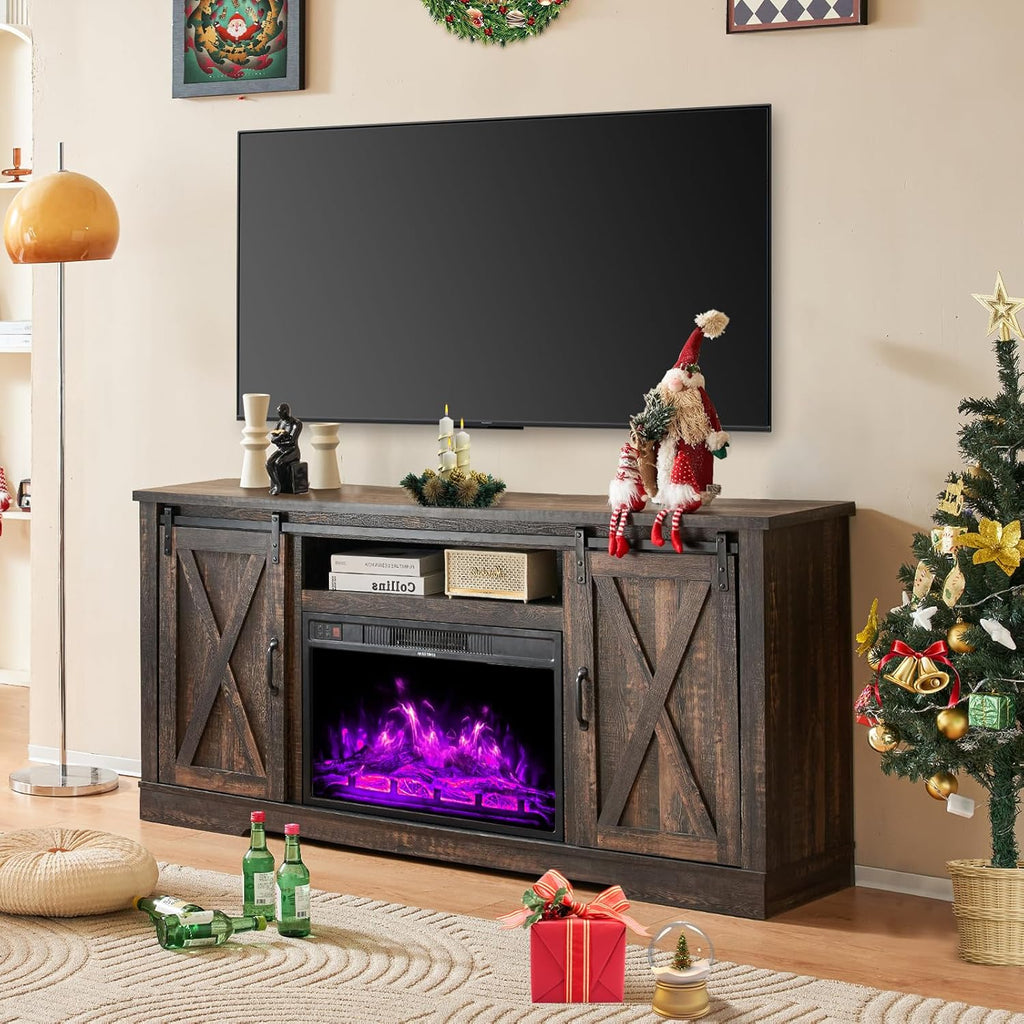AMERLIFE Fireplace TV Stand with Sliding Barn Door  Farmhouse 63" Fireplace Entertainment Center wourant