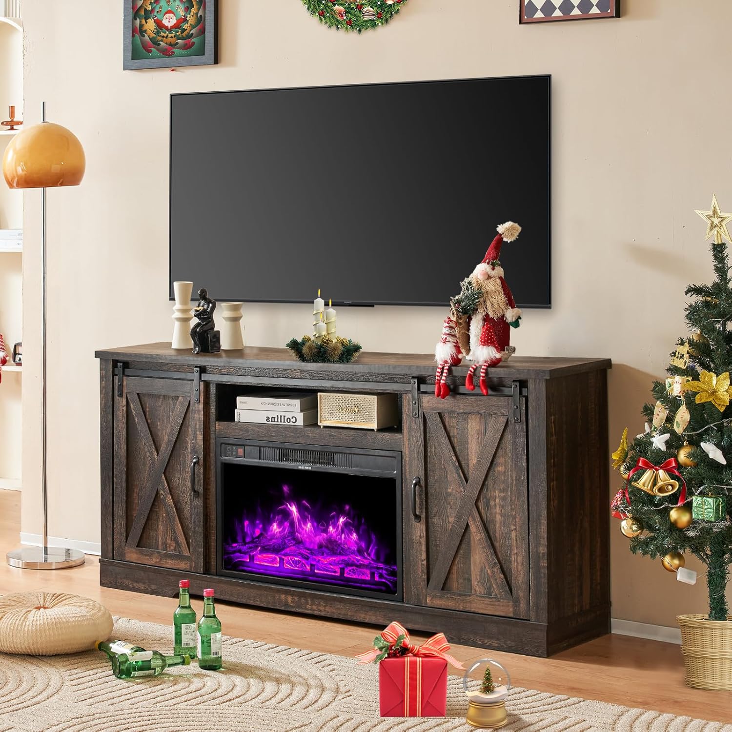 AMERLIFE Fireplace TV Stand with Sliding Barn Door  Farmhouse 63" Fireplace Entertainment Center wourant