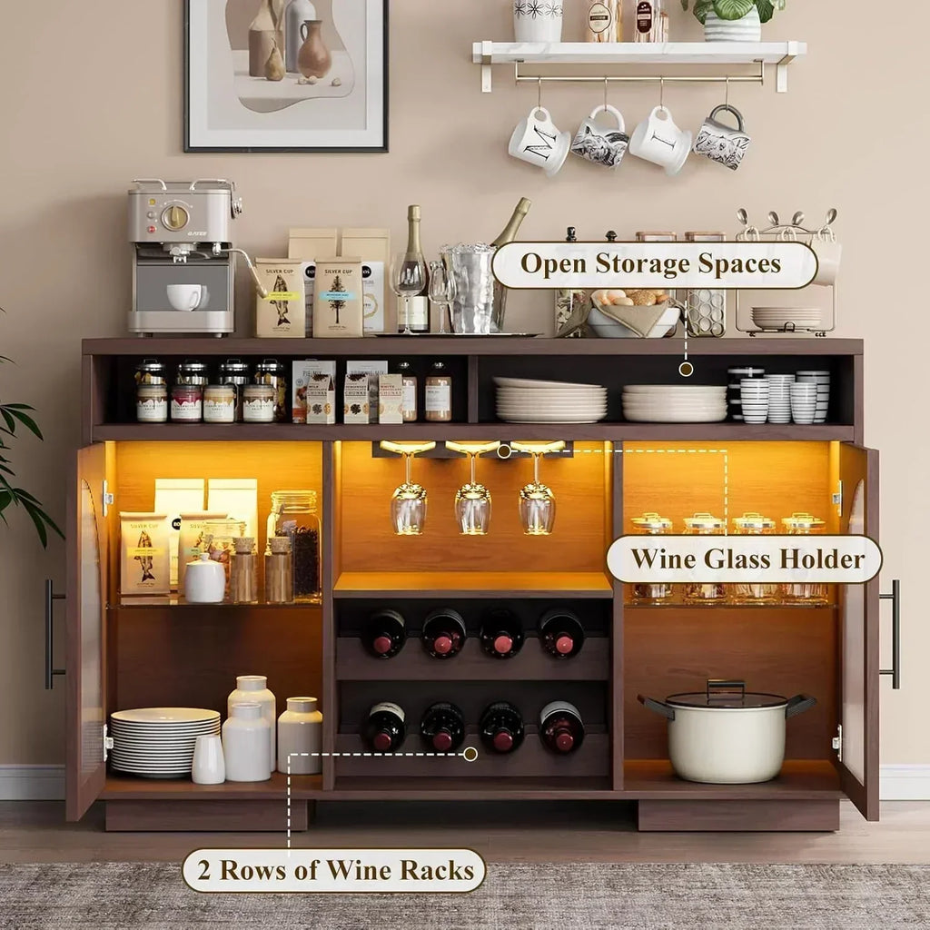 Sideboard 54-inch kitchen cabinet with LED lights and arched glass doors tall bar cabinet wourant