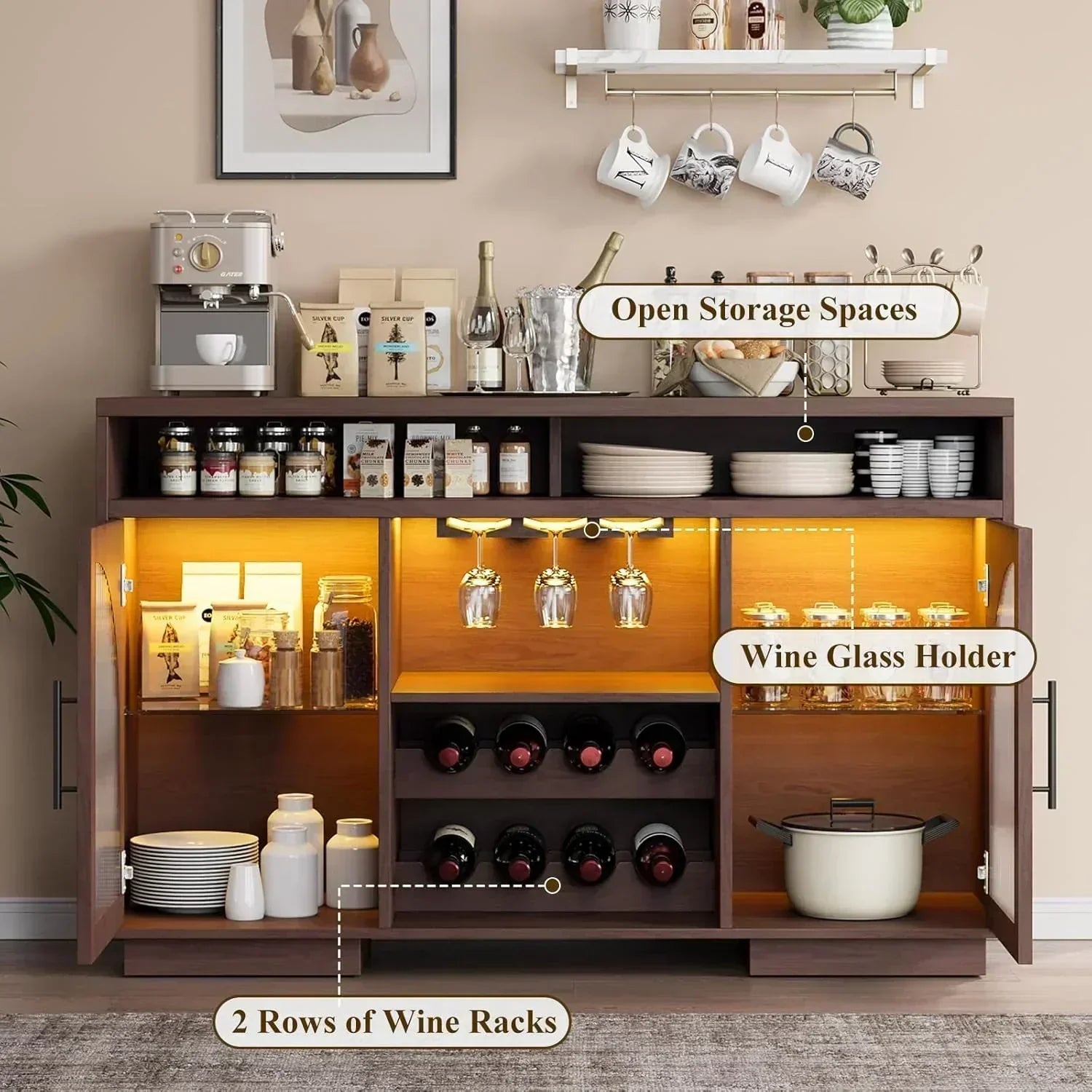 Sideboard 54-inch kitchen cabinet with LED lights and arched glass doors tall bar cabinet wourant
